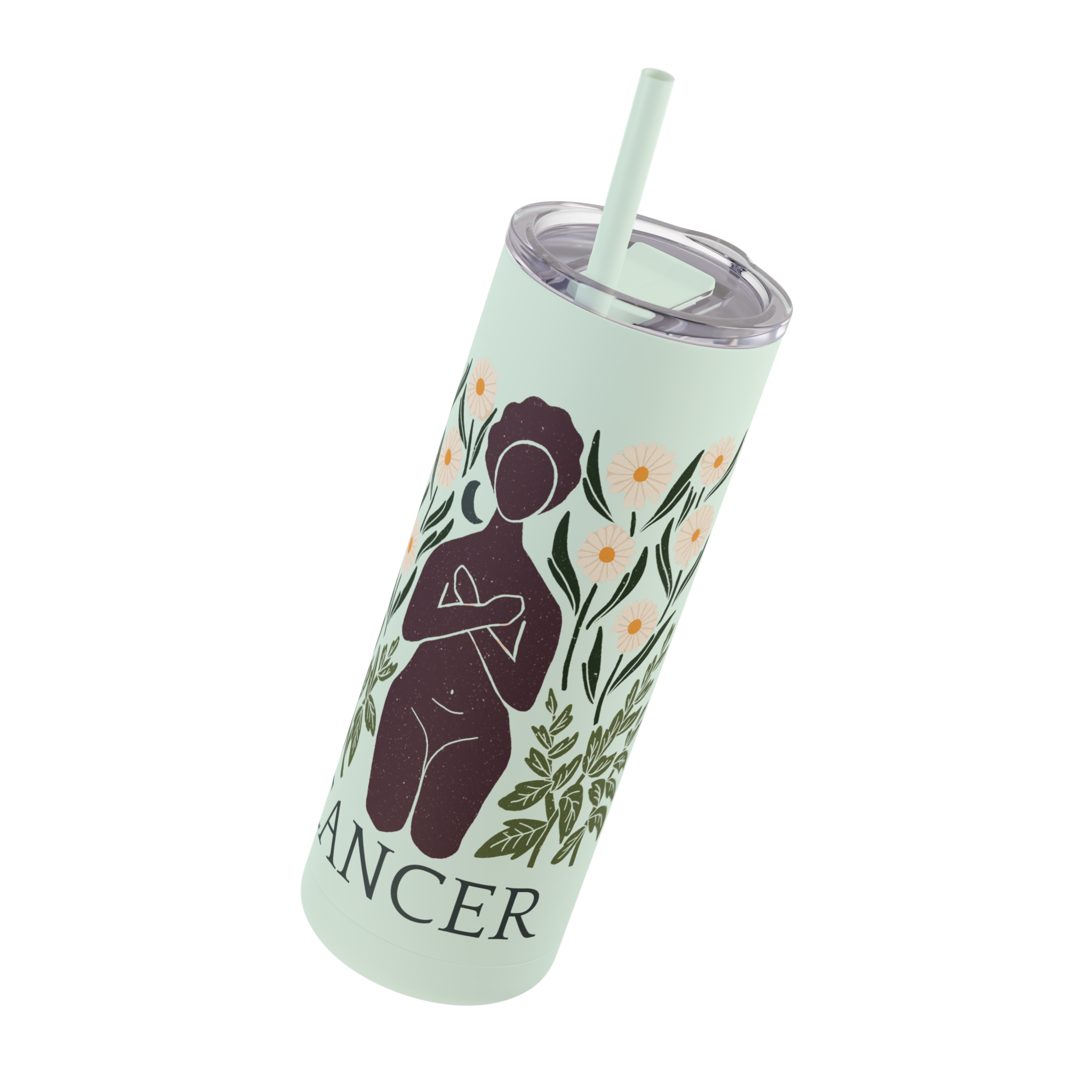 A tumbler with the Cancer zodiac sign featuring an illustration of a woman with arms crossed against a background of flowers and leaves.