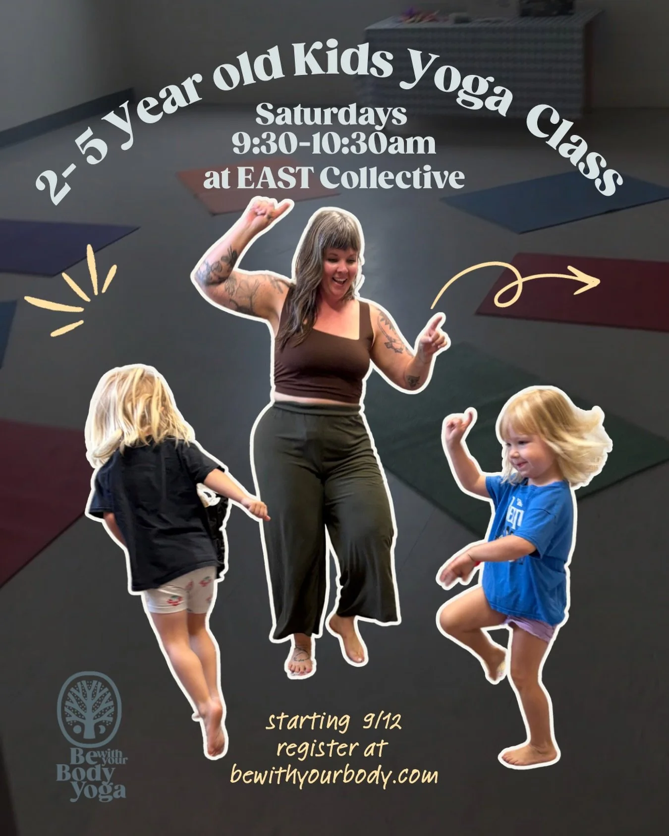 I&rsquo;ve gotten a lot of requests and feedback from families wanting kids yoga on Saturdays, so starting 9/12, bring your 2-5 year old at @the.east.collective for some sweet yoga time! 9:30-10/30 am! drop ins are only $15!  Register at Bewithyourbo