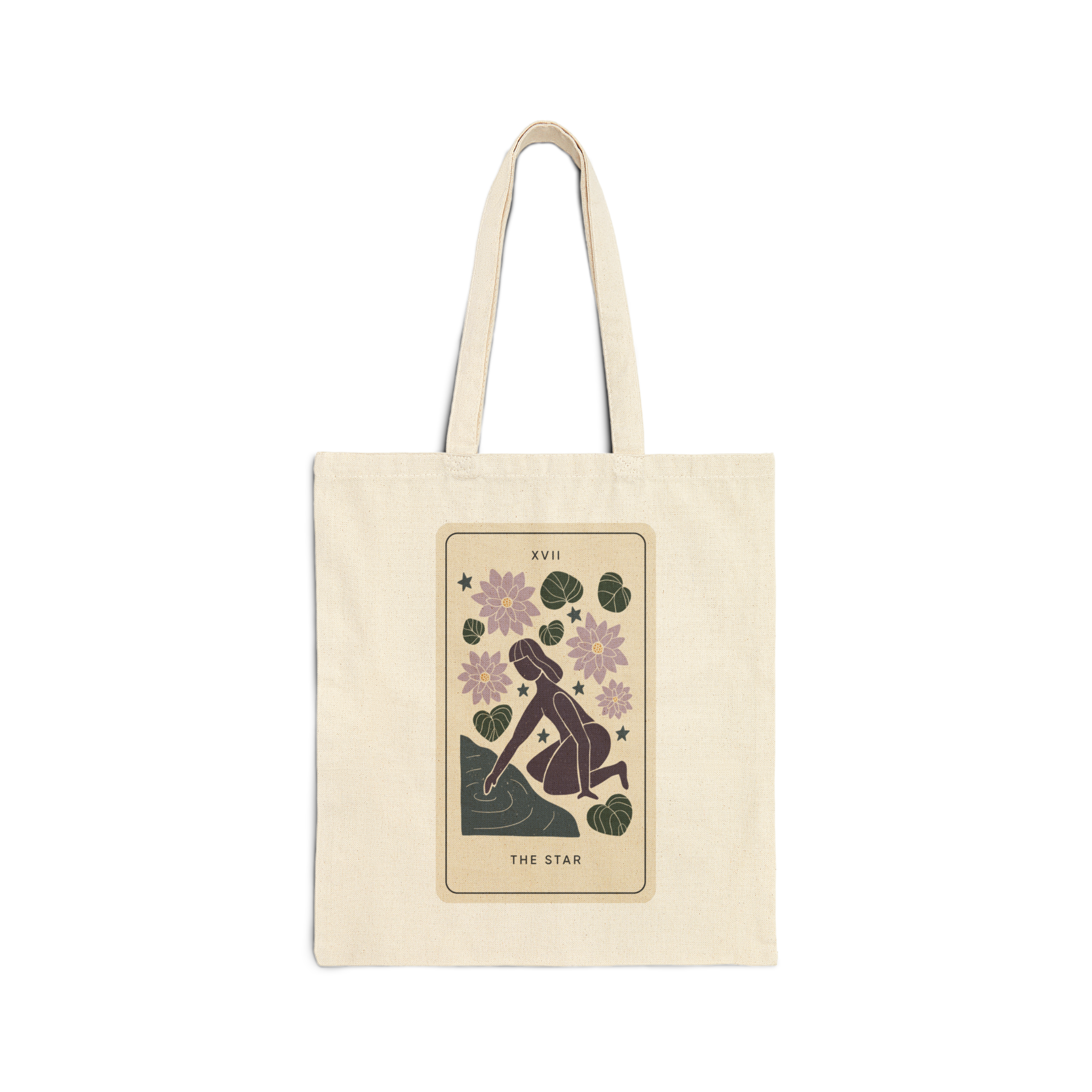 Cream-colored tote bag with a tarot card design featuring a woman kneeling by water surrounded by flowers, stars, and leaves.