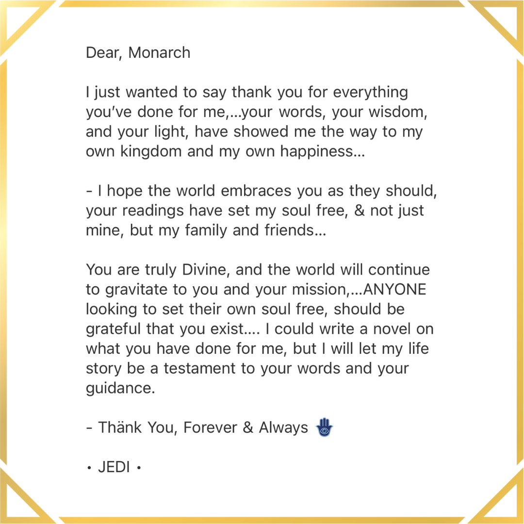 A thank you letter with gold decorative borders, expressing gratitude to a figure called the Monarch, signed by Jedi, featuring a small hand symbol.