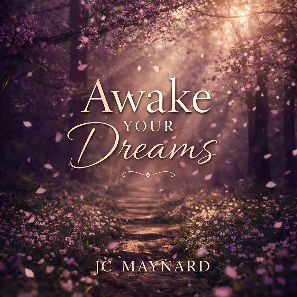 A tranquil, purple-hued forest with pink blossoms, glowing fireflies, and a gentle stream, with the text 'Awake your Dreams' and credit to JC Maynard and the University of Colorado Boulder Choirs.