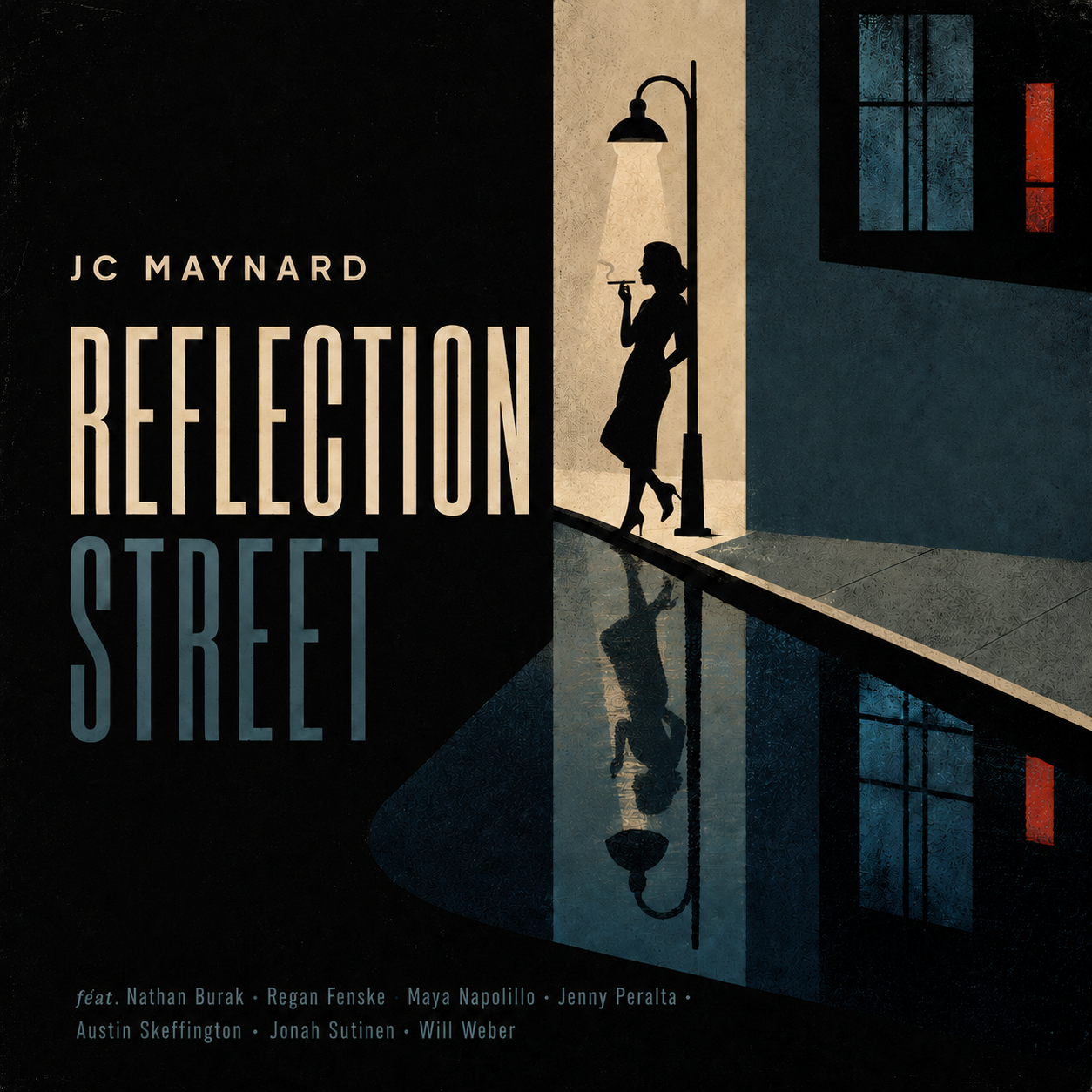 Nighttime street scene with wet pavement reflecting colorful city lights, on the album cover titled 'Reflection Street' by JC Maynard featuring several artists.