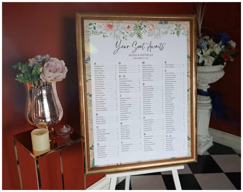 A wedding seating chart in a gold frame on an easel, displaying guest names and table assignments, with floral decorations at the top and behind it.