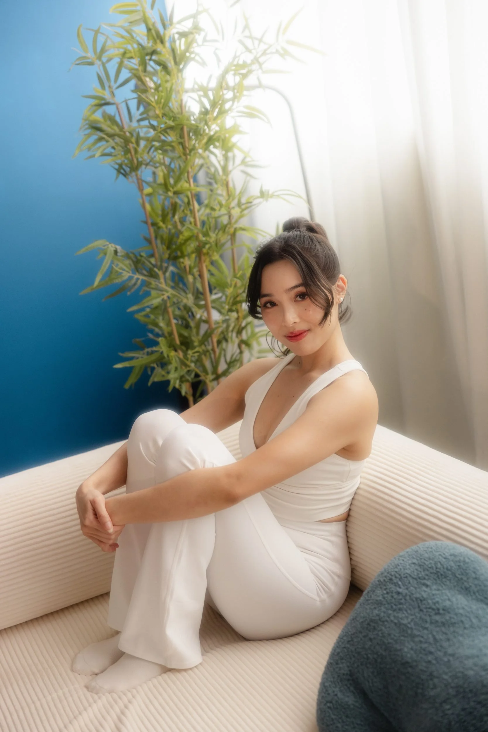 Angela, founder of Gentle Pilates, relaxing in a bright studio corner