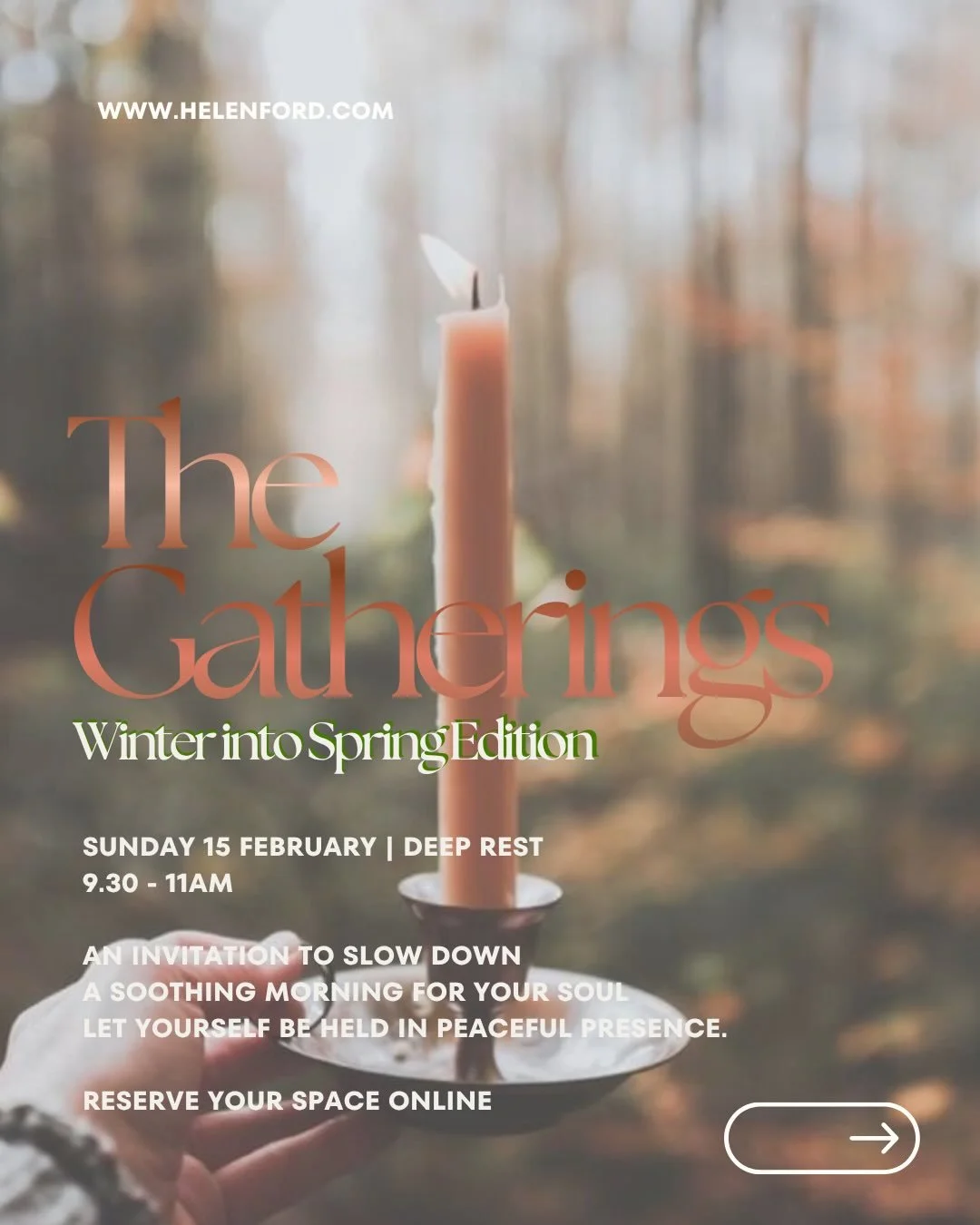 ⠀⠀⠀⠀⠀⠀⠀⠀⠀
{ T H E  G A T H E R I N G S }

Our next meet-in-person Gathering is on February 15th, 2026. February is still such a wintering time of year and I&rsquo;ll be inviting the opportunity to feel, breathe, rest and be in presence with yourself 