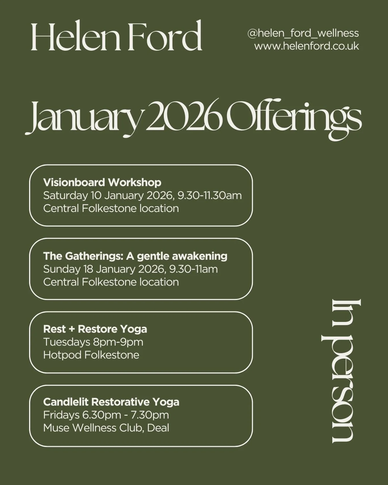 ⠀⠀⠀⠀⠀⠀⠀⠀⠀
{ J A N U A R Y } 

Here&rsquo;s where you can find me for some in person community, rest and all round loveliness&hellip;&hellip;..

I&rsquo;ve even updated all links in my bio! 

See you soon! Any questions, send me a message! 
.
.
.
#yog