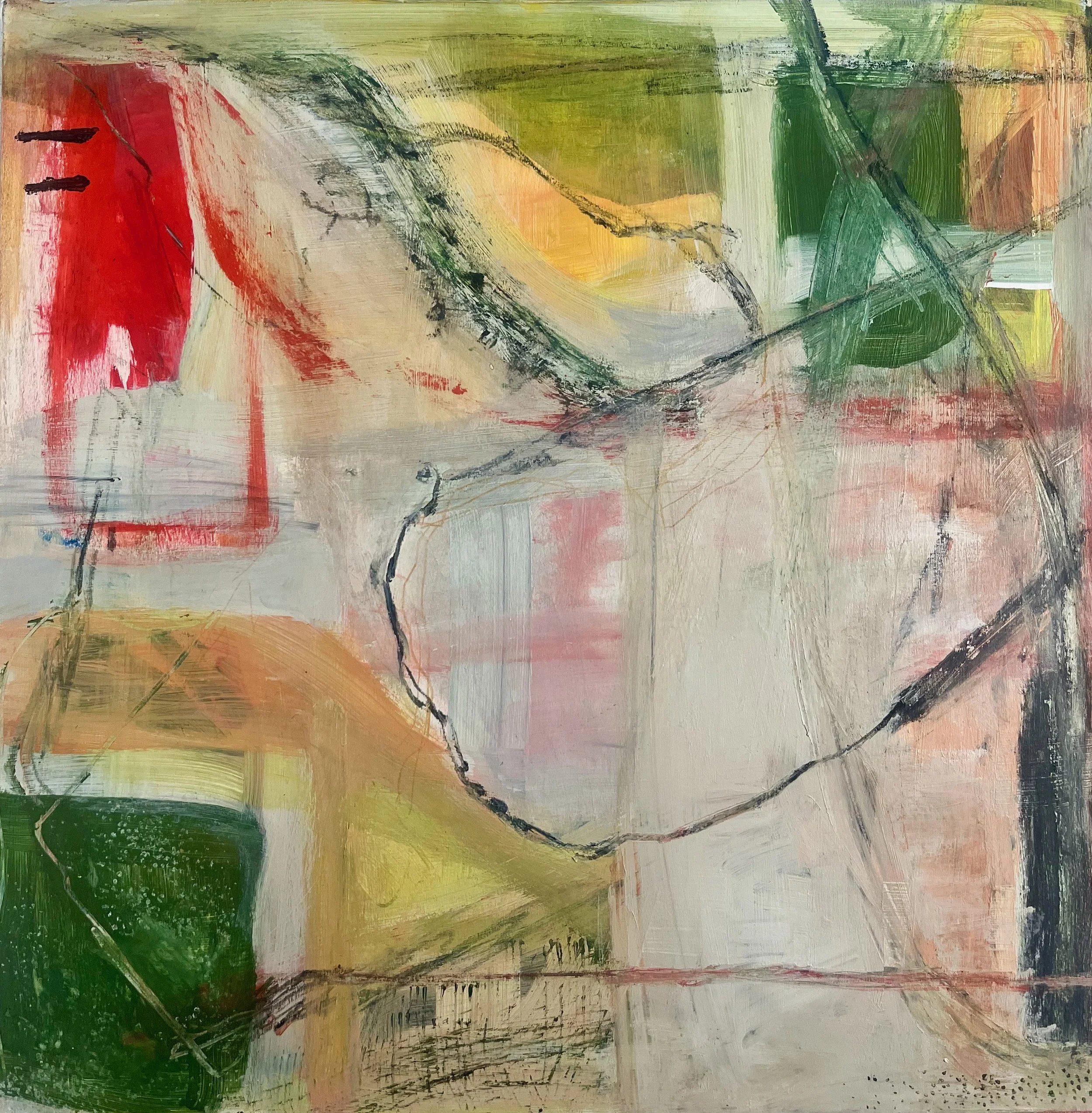 Inside Weather’ by Gera Dunachie — abstract painting with layered neutrals, muted greens, and red accents; sweeping graphite lines trace organic, weather-like movement across textured, translucent surfaces