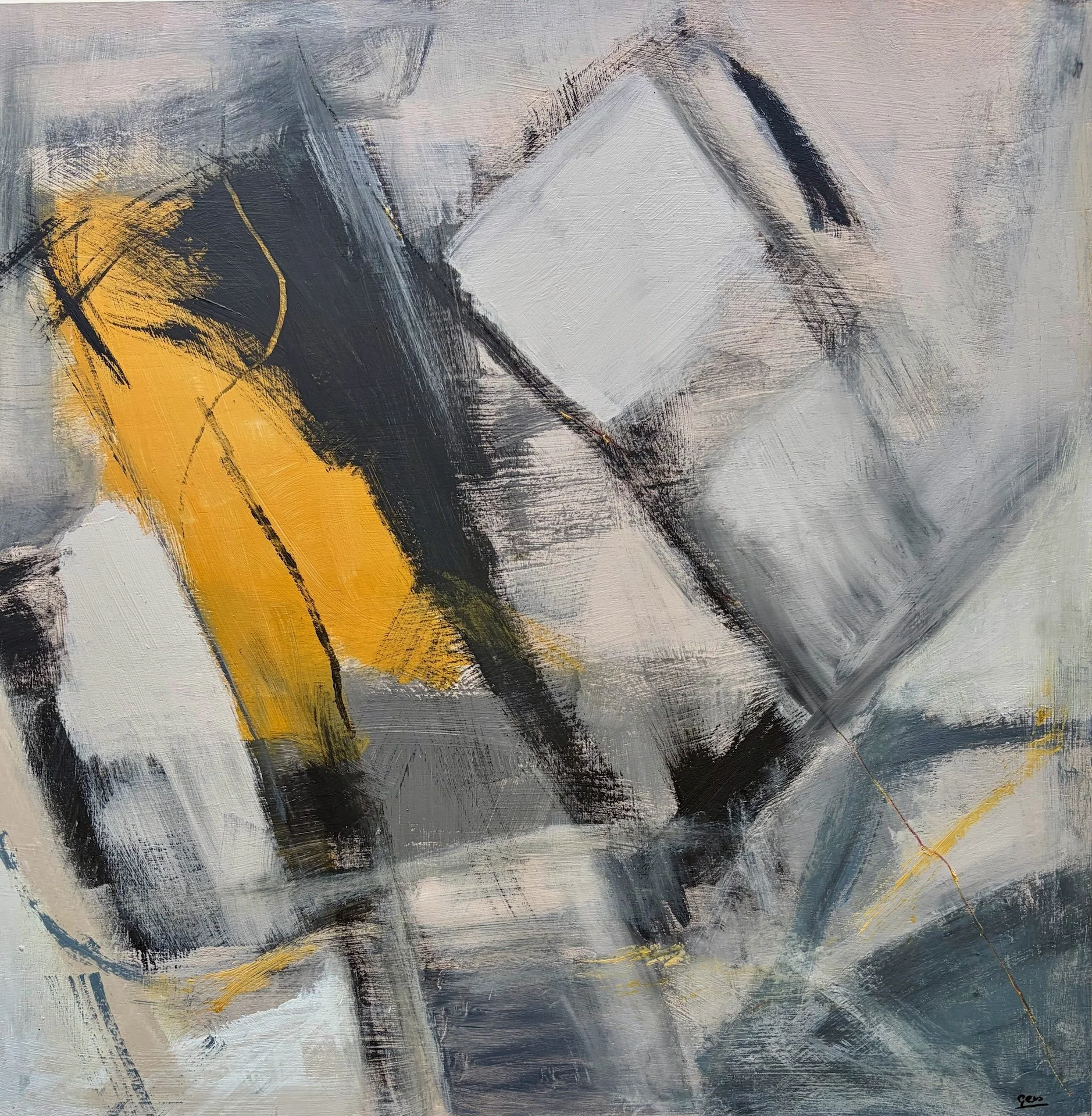 Forced Through by Gera Dunachie, geometric abstract painting in black and cool grey with a sweeping curved breach, scratched lines and amber-gold accents.