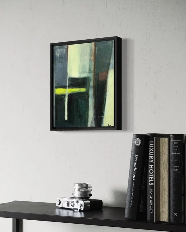 Abstract painting by Gera Dunachie plaed over a black modern bookshelf with a camera and coffee-table books on it.