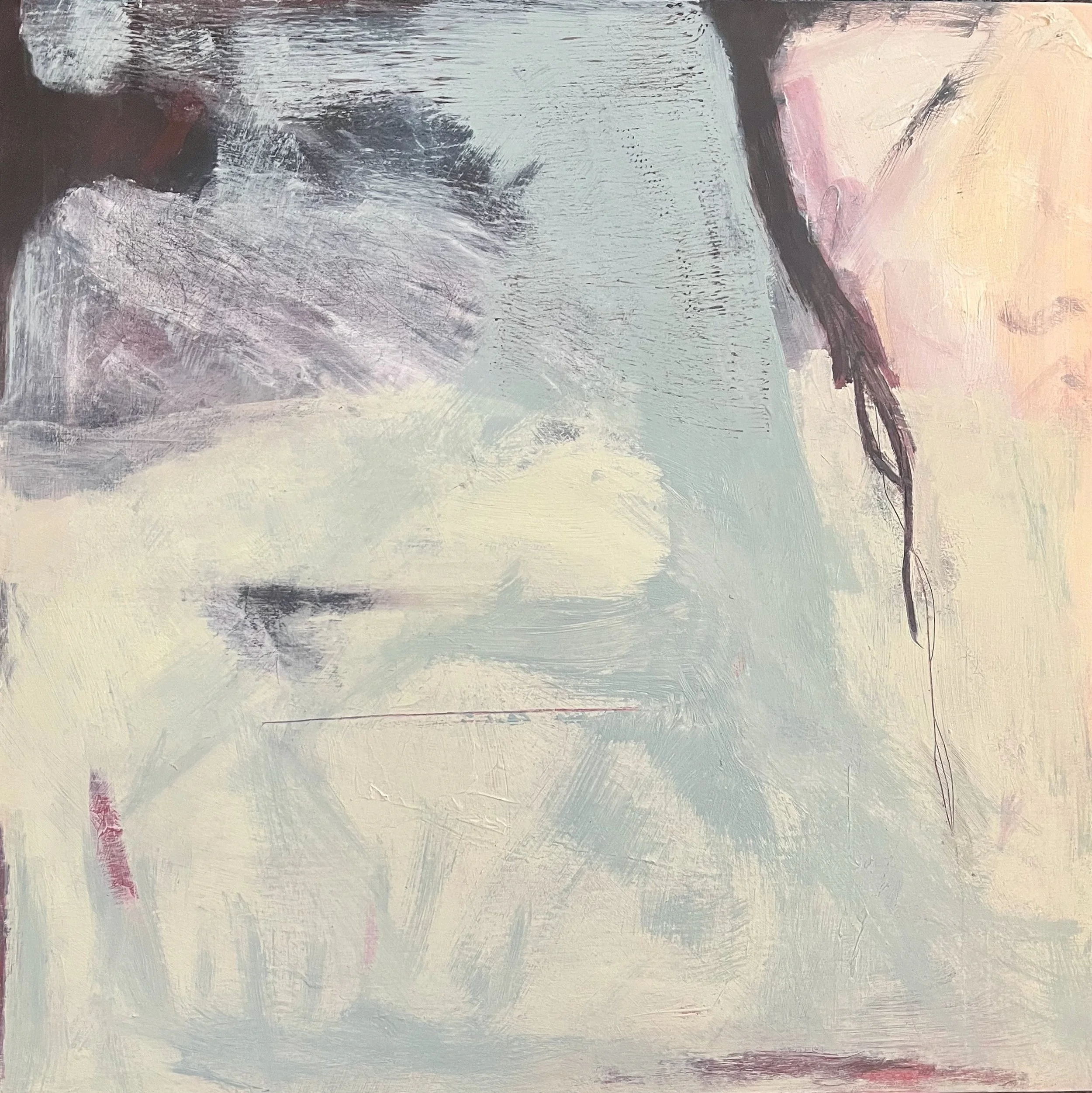 Quiet Wrongness by Gera Dunachie, an emotive mixed-media abstract on wood panel. Layered grey textures and graphite marks exploring the truth of the mark.