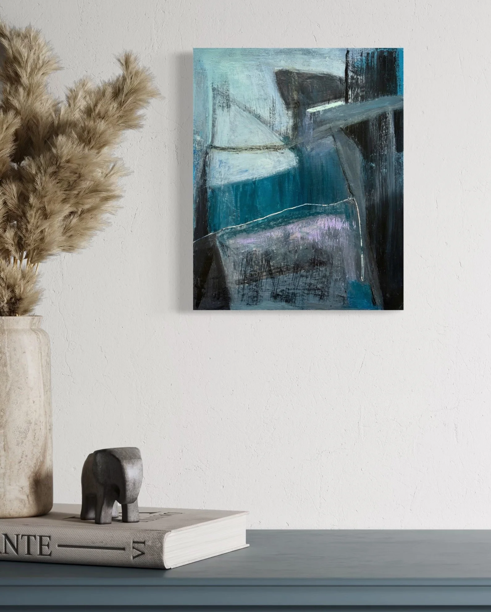 Obsidian Drift by Gera Dunachie shown in a modern interior setting, illustrating the intimate scale and dark, expressive tones of the work.