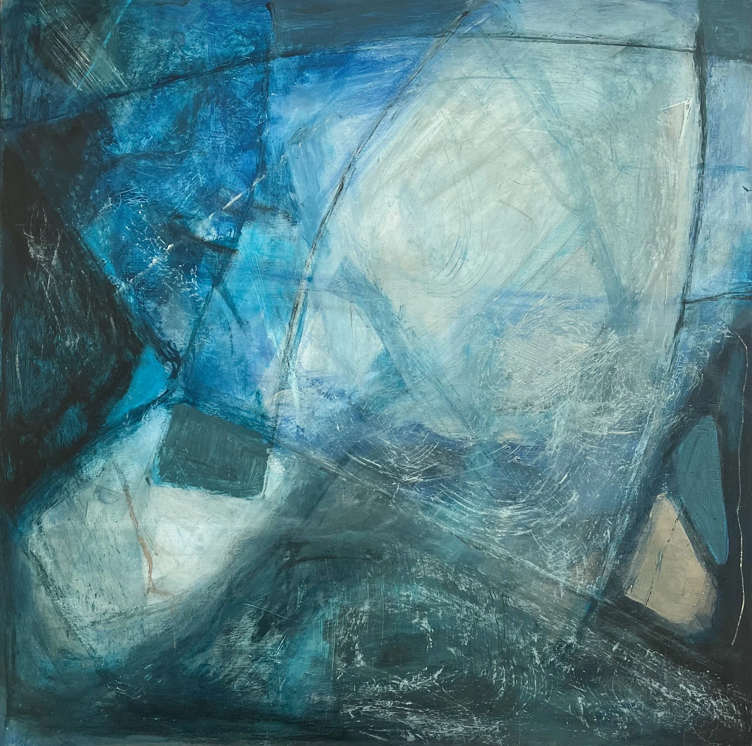 Breach of Light by Gera Dunachie, an abstract painting on wood panel. Textured mixed media work in greys and whites exploring a cold admission of light.