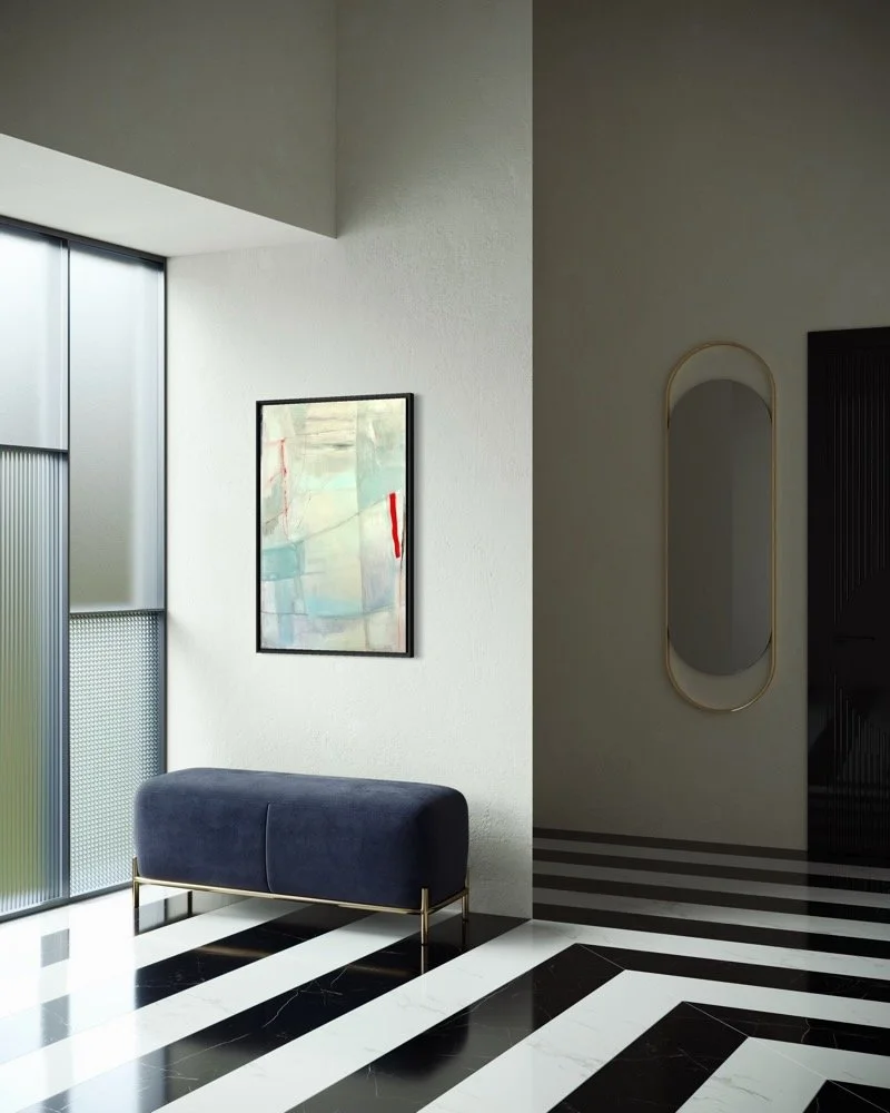 Large Abstract by Gera Dunachie of pale fields with red intrusion, hangs against frosted glass panel n a  modern hallway