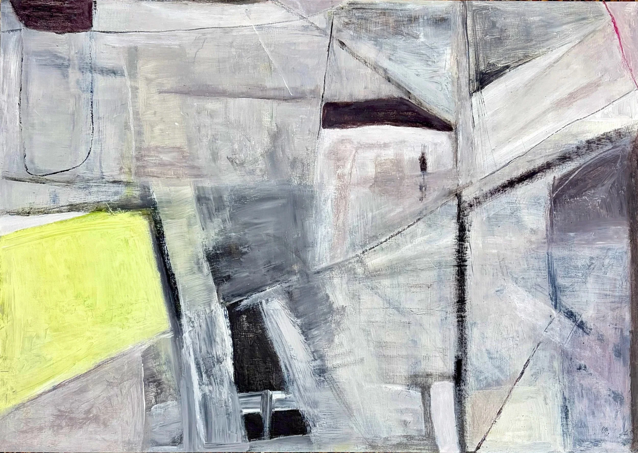 Tidal Zone by Gera Dunachie, an abstract mixed media painting on wood panel. Features architectural geometric lines, a muted grey and white palette, and a bold breach of acid yellow.
