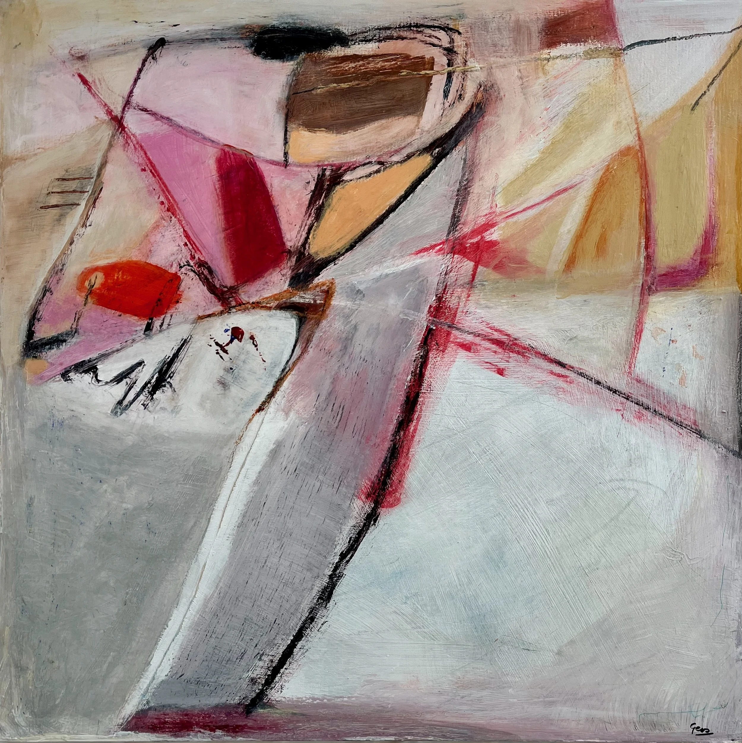 New Memories’ by Gera Dunachie — abstract painting with layered soft greys, pinks, and warm neutrals; angular and curved graphite lines cut through vivid red and ochre forms; textured surfaces create a sense of movement and internal recalibration.