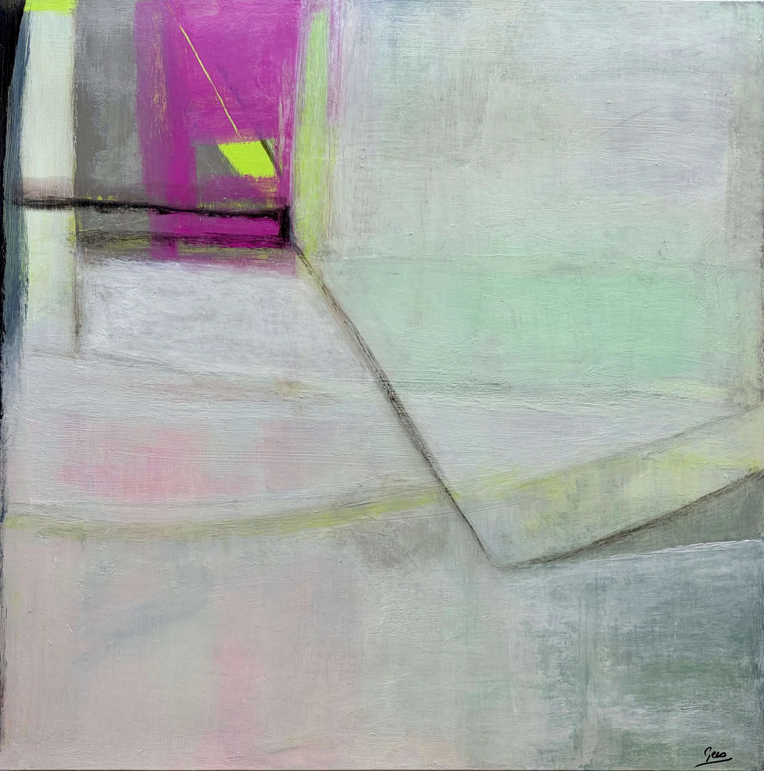 Abstract painting by Gera Duanchie Square abstract painting on a wood panel featuring muted gray and green fields separated by a strong diagonal line, contrasted with a vivid magenta section containing a small pop of bright acid yellow-green.