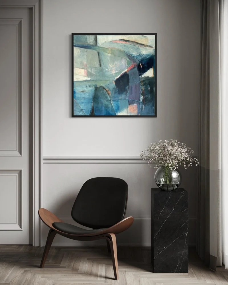 Held Under, abstract painting by Gera Dunachie, unframed, displayed above a modern lounge chair and black pedestal in an elegant grey-panelled interior.