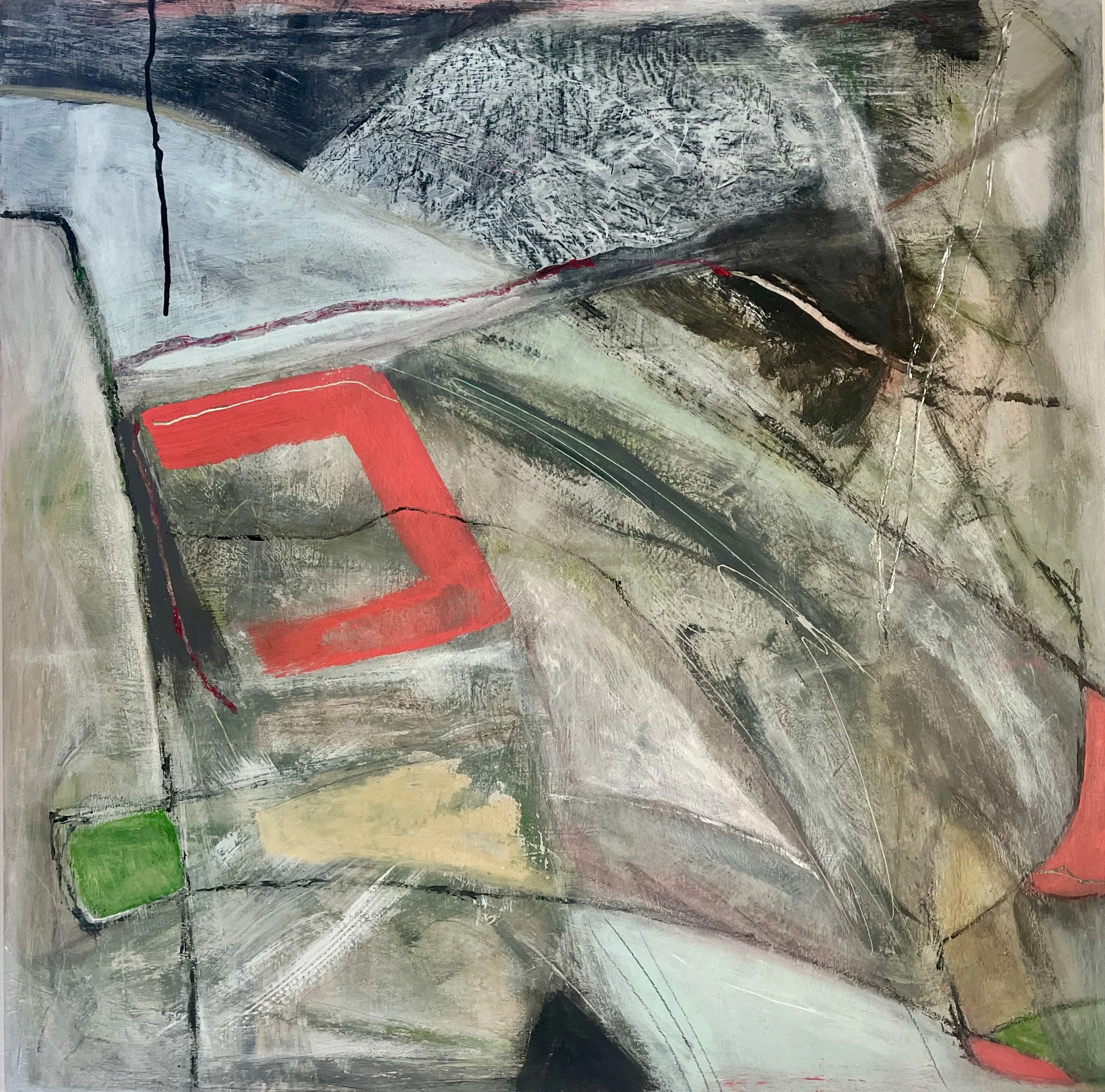 Permeability’ by Gera Dunachie — abstract painting with muted greens, greys, and soft neutrals; intersecting graphite lines and a vivid red geometric form create tension across layered, textured surfaces suggesting movement through porous boundaries