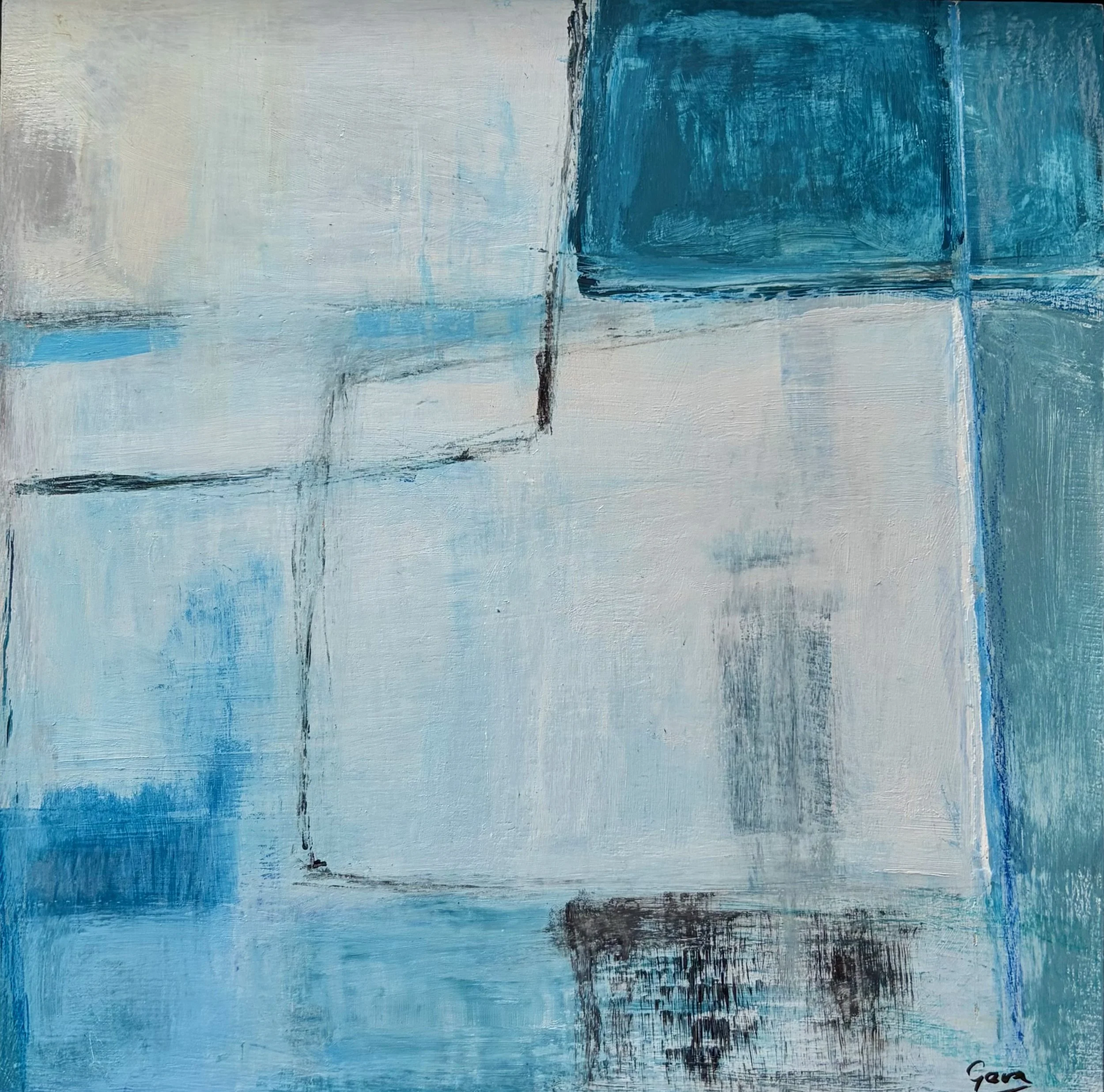 Blue Vector by Gera Dunachie – small abstract painting in layered blues, teal and white with directional lines