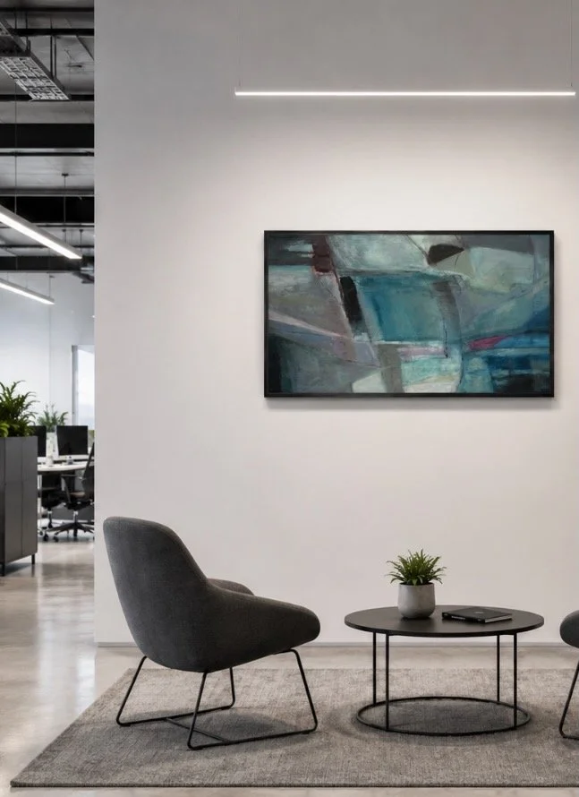 Against Current, abstract painting by Gera Dunachie in a black frame, displayed above a grey lounge chair and round coffee table in a contemporary office interior.