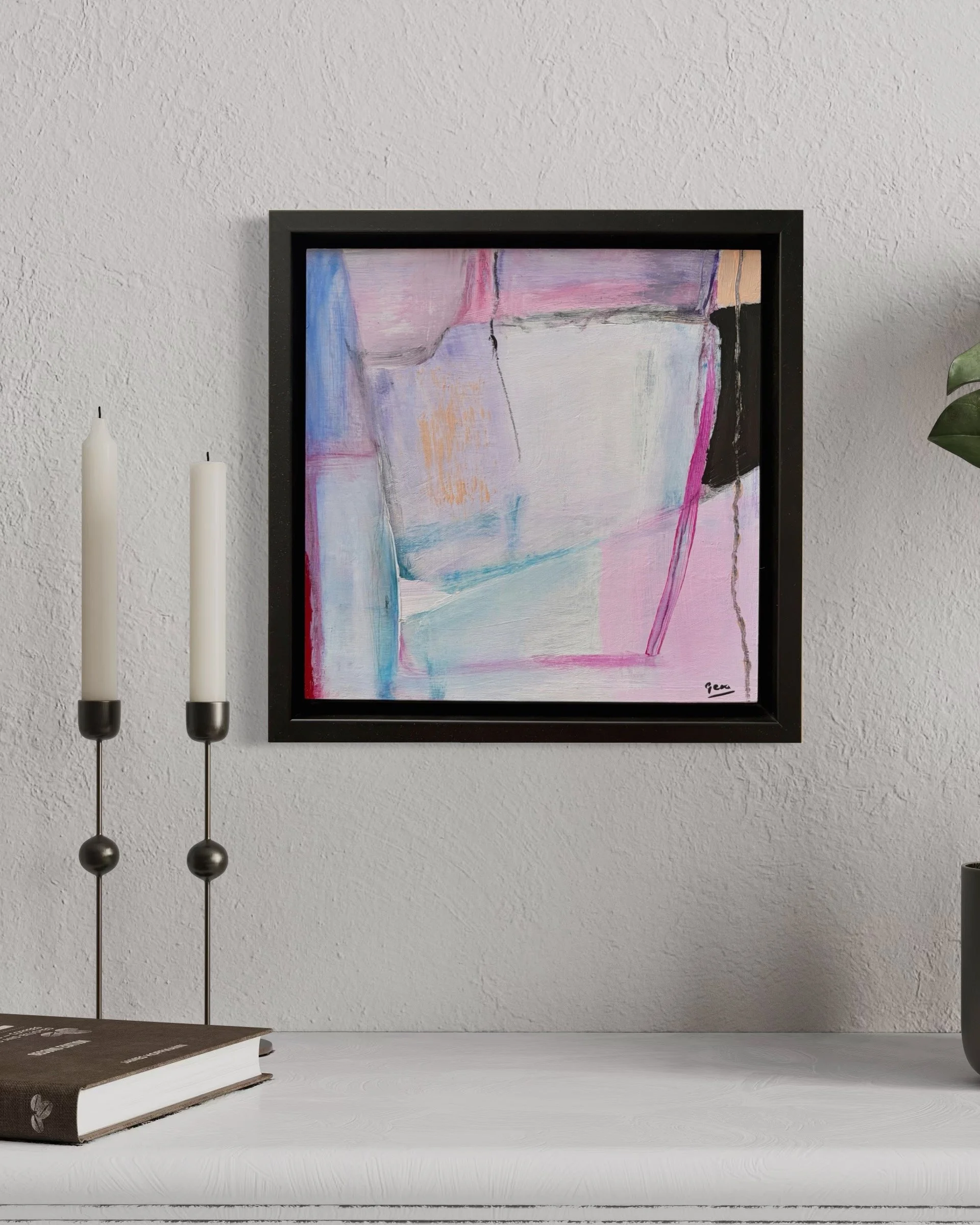 Moderated Field by Gera Dunachie displayed in a minimal interior, framed on a textured white wall above a console.