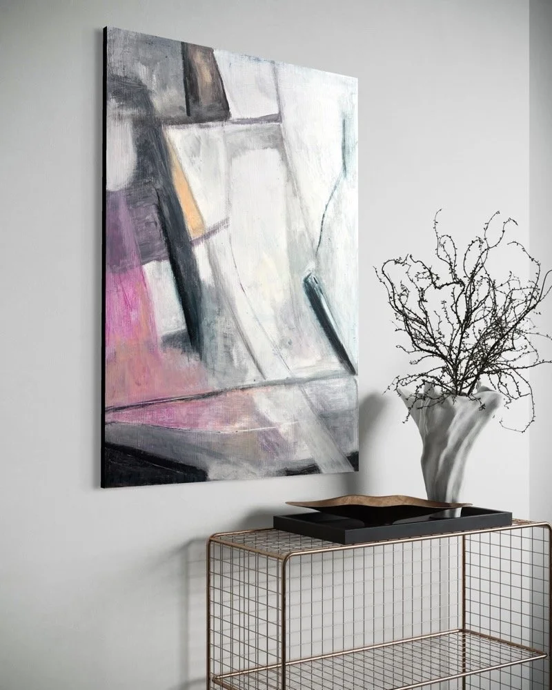 Gera Dunachie abstract painting "Resistance" shown in a modern interior setting. The large-scale work is mounted on a light grey wall above a minimalist copper wire console table.