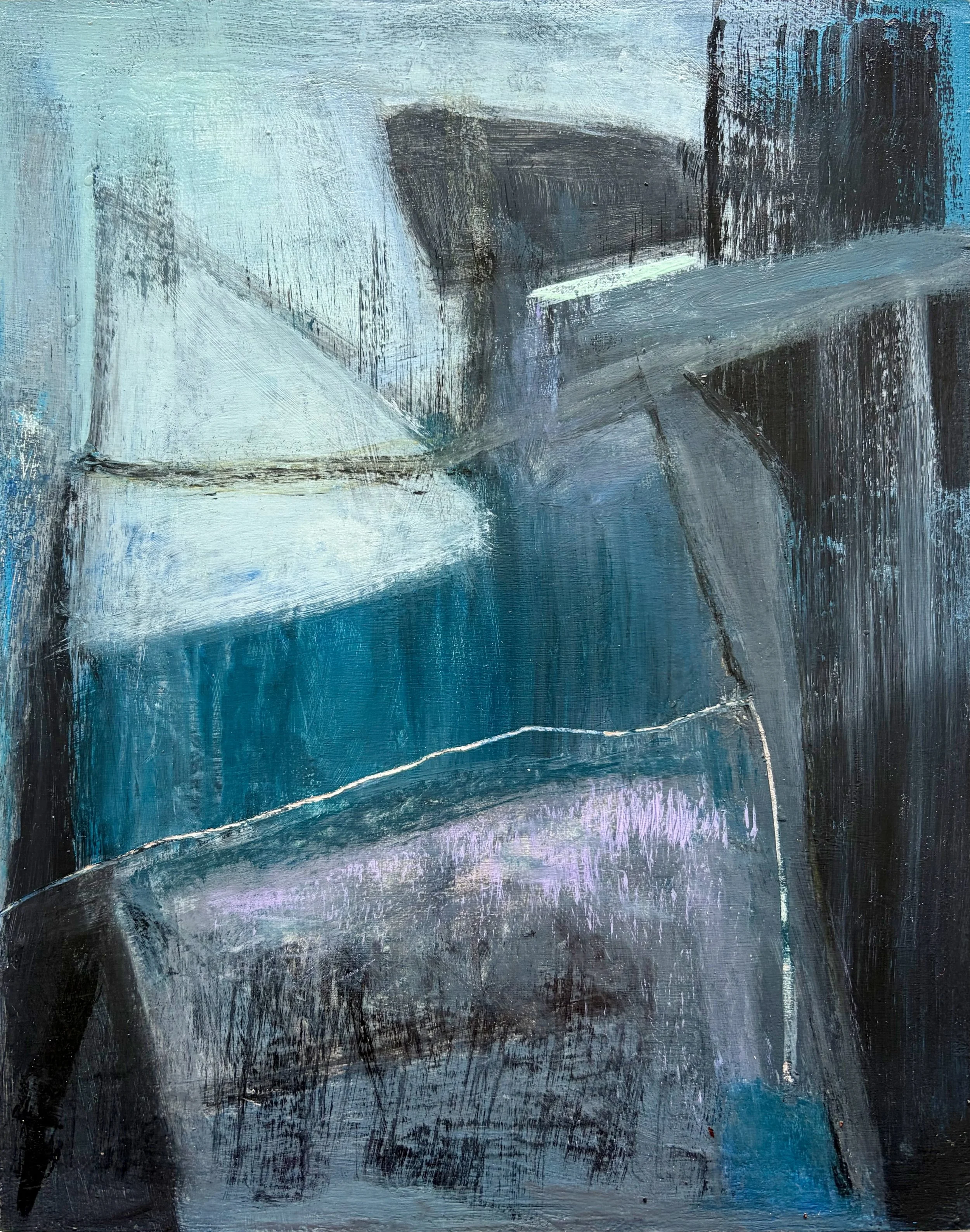 Obsidian Drift by Gera Dunachie, a small abstract mixed-media piece on Auto Amor board. Features dark, pressurized ink and pencil textures with a sense of fluid movement