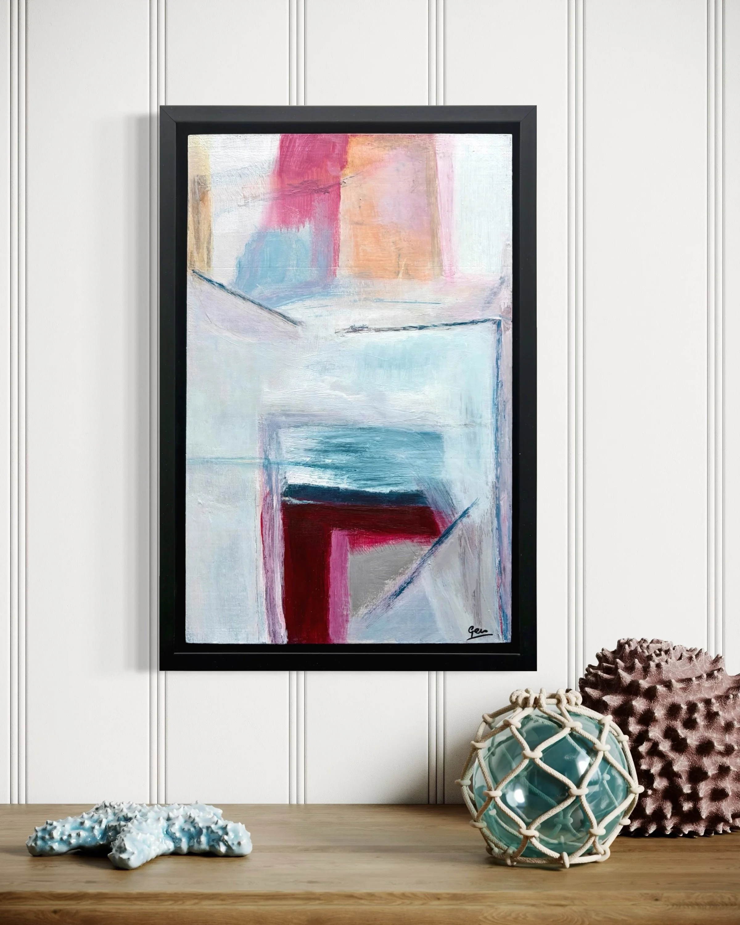 Partial Confession by Gera Dunachie shown in situ, highlighting the framed 30x20cm scale and the delicate interplay of surface textures.