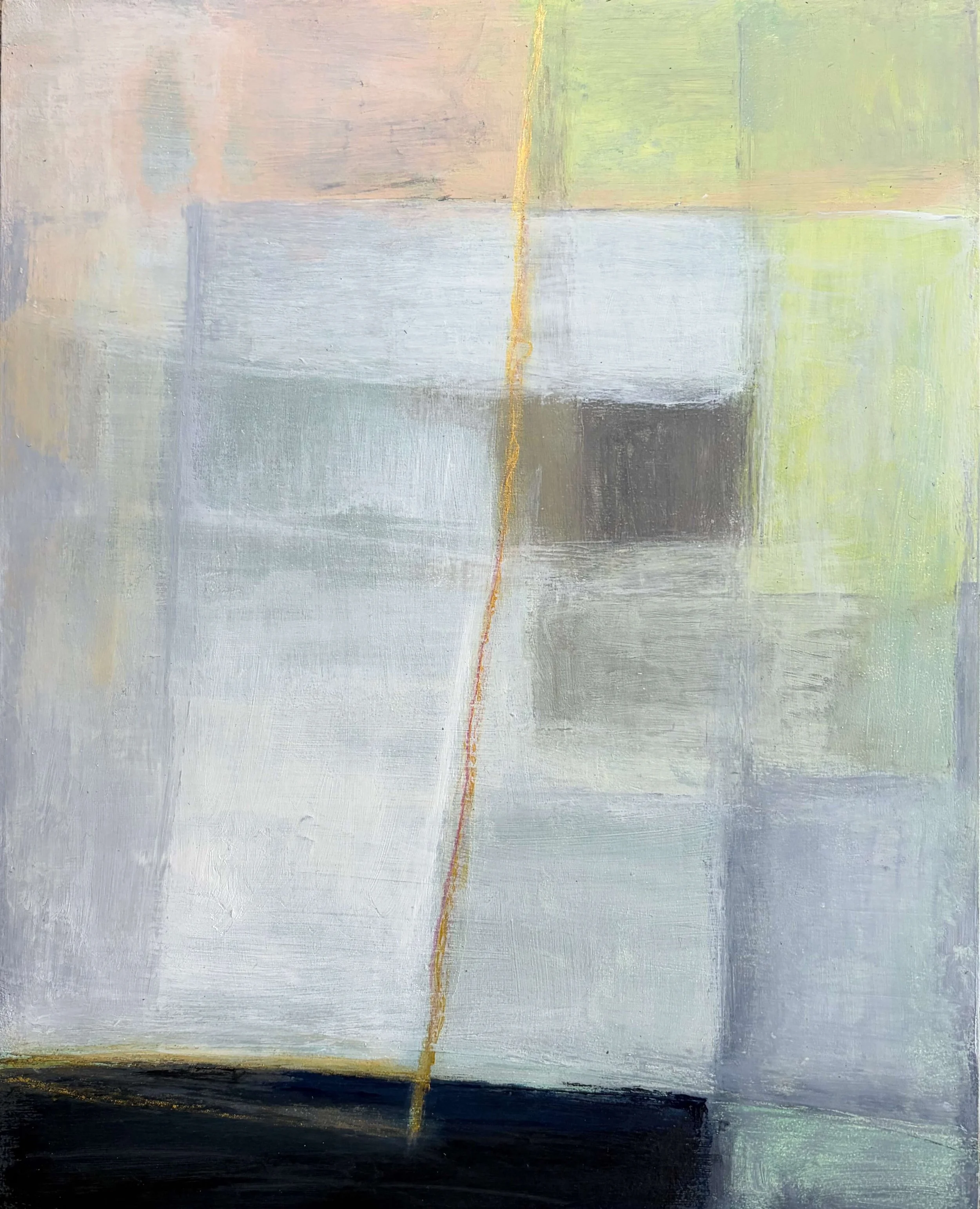 Hidden Fracture by Gera Dunachie, contemporary abstract painting in pale blush, lime, grey and white with a wavering gold vertical line, charcoal form and black base.