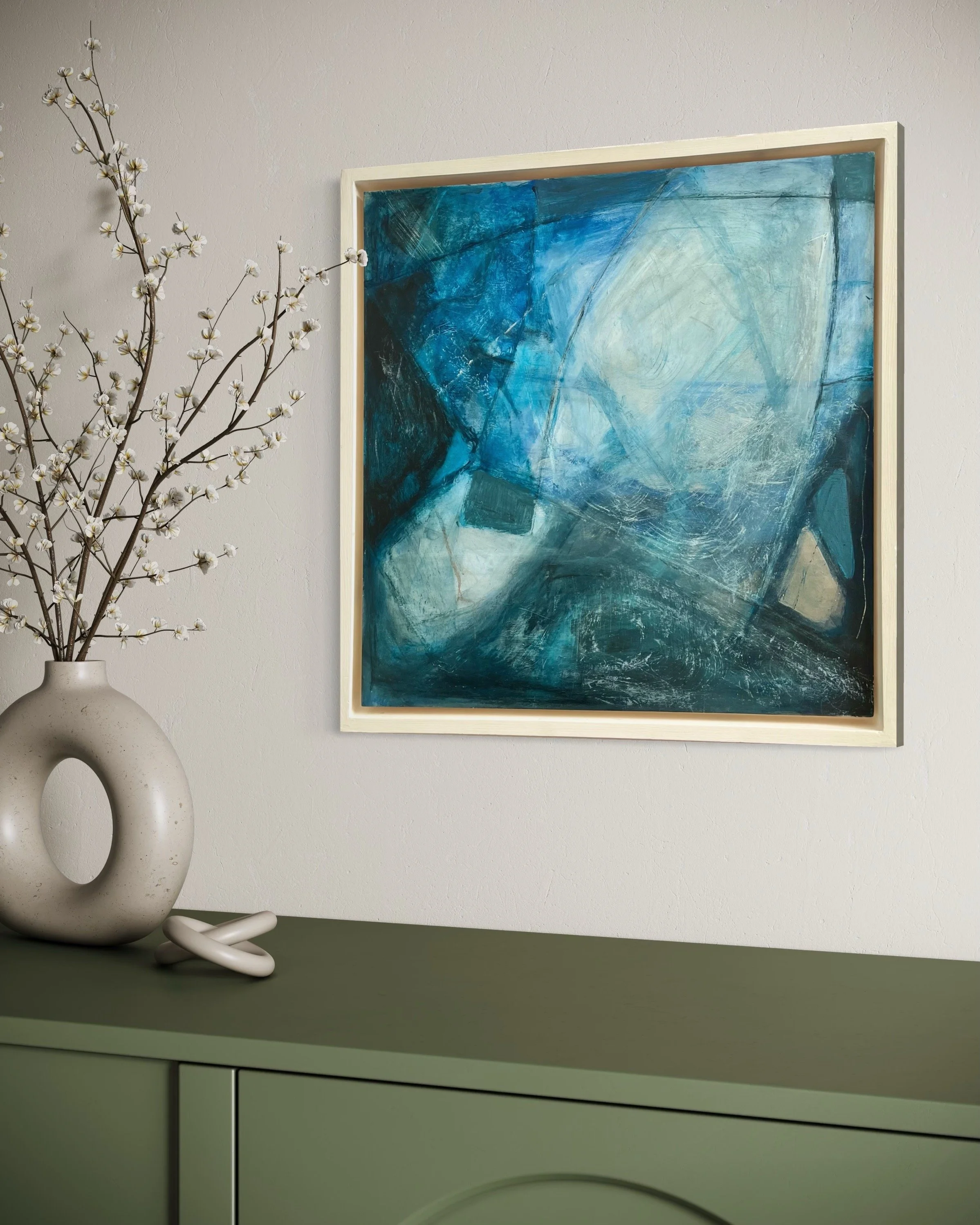 reach of Light abstract painting by Gera Dunachie shown in a contemporary interior, framed and ready to hang on a neutral wall.