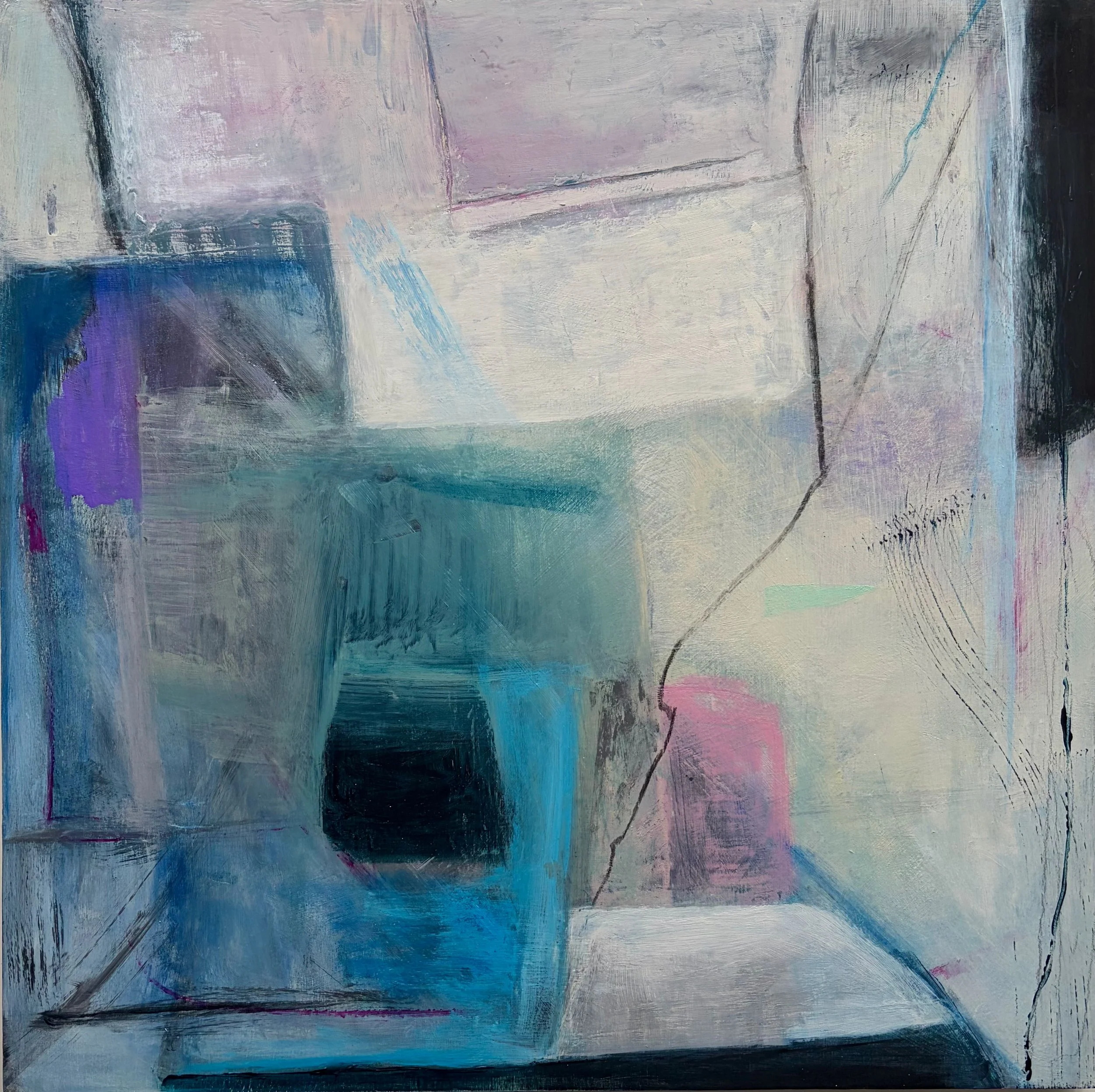 Cold Diamond by Gera Dunachie – abstract painting in cool blues, teal, lilac and soft neutrals.