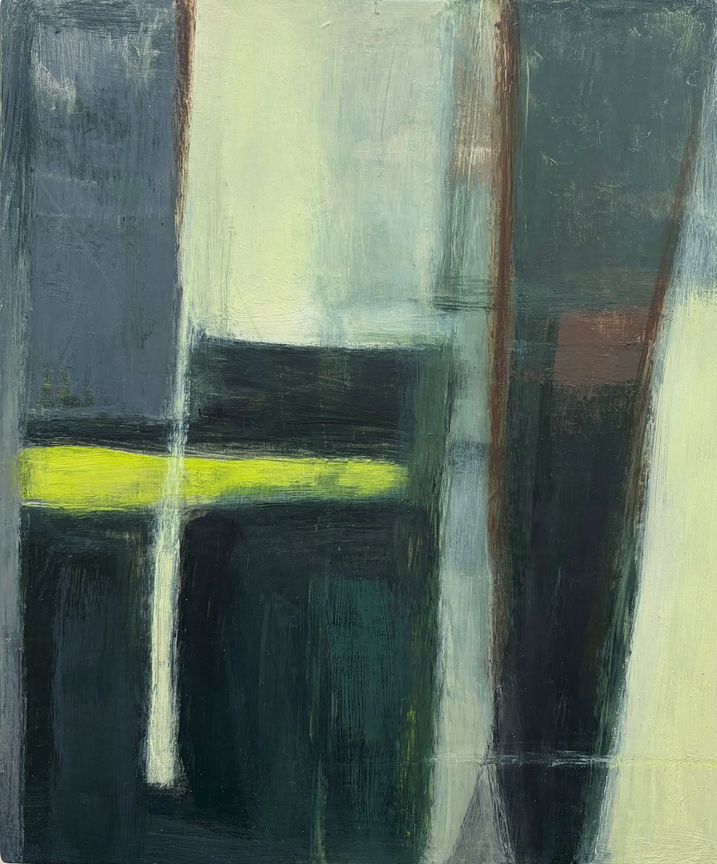 Abstract painting using mineral palette of greys, moss greens, browns and pale yellows with a acid yellow cutting through the middle of dark fields