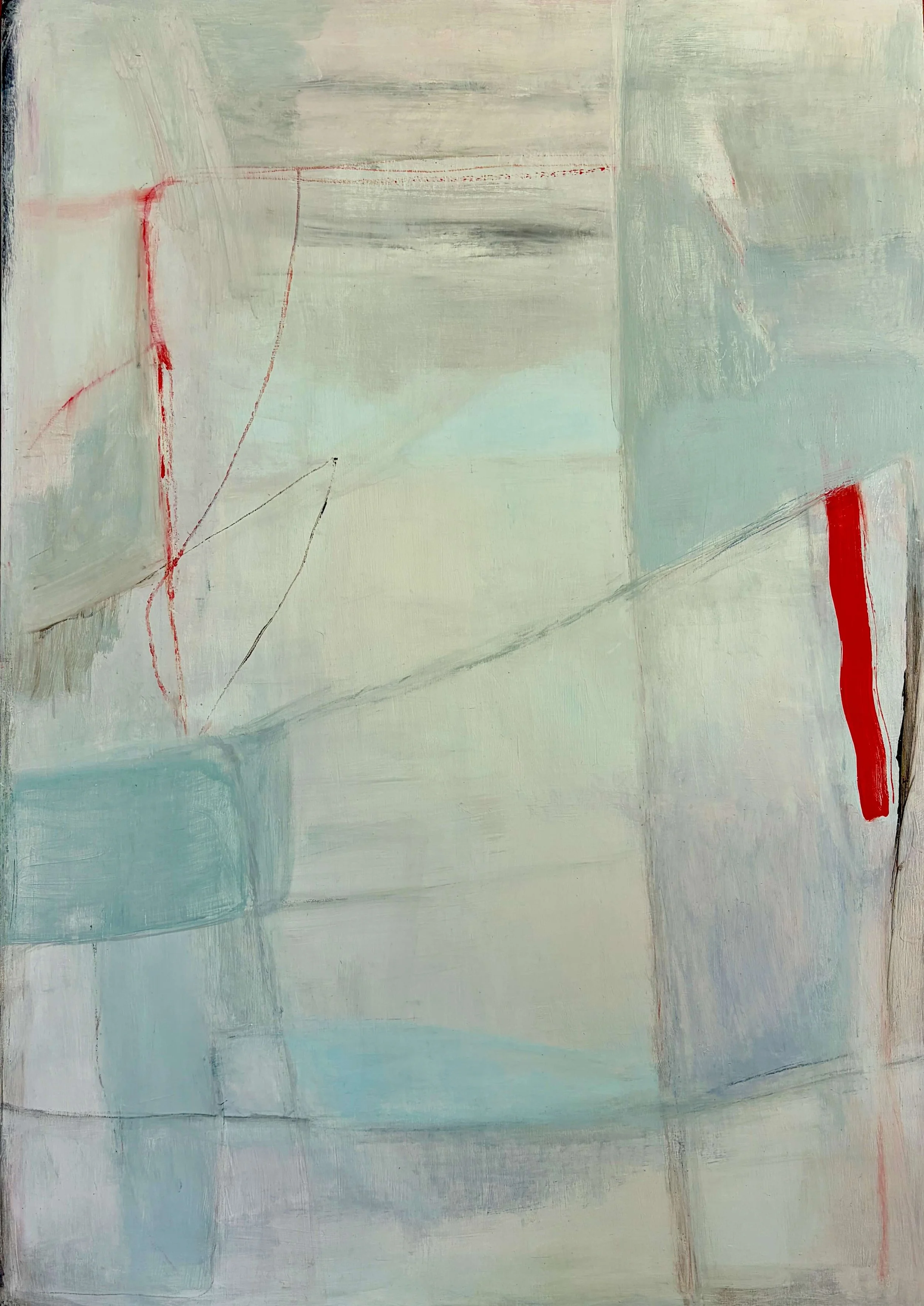 Large abstract painting with pale mint, light blue and cream fields with one crimson intrusion