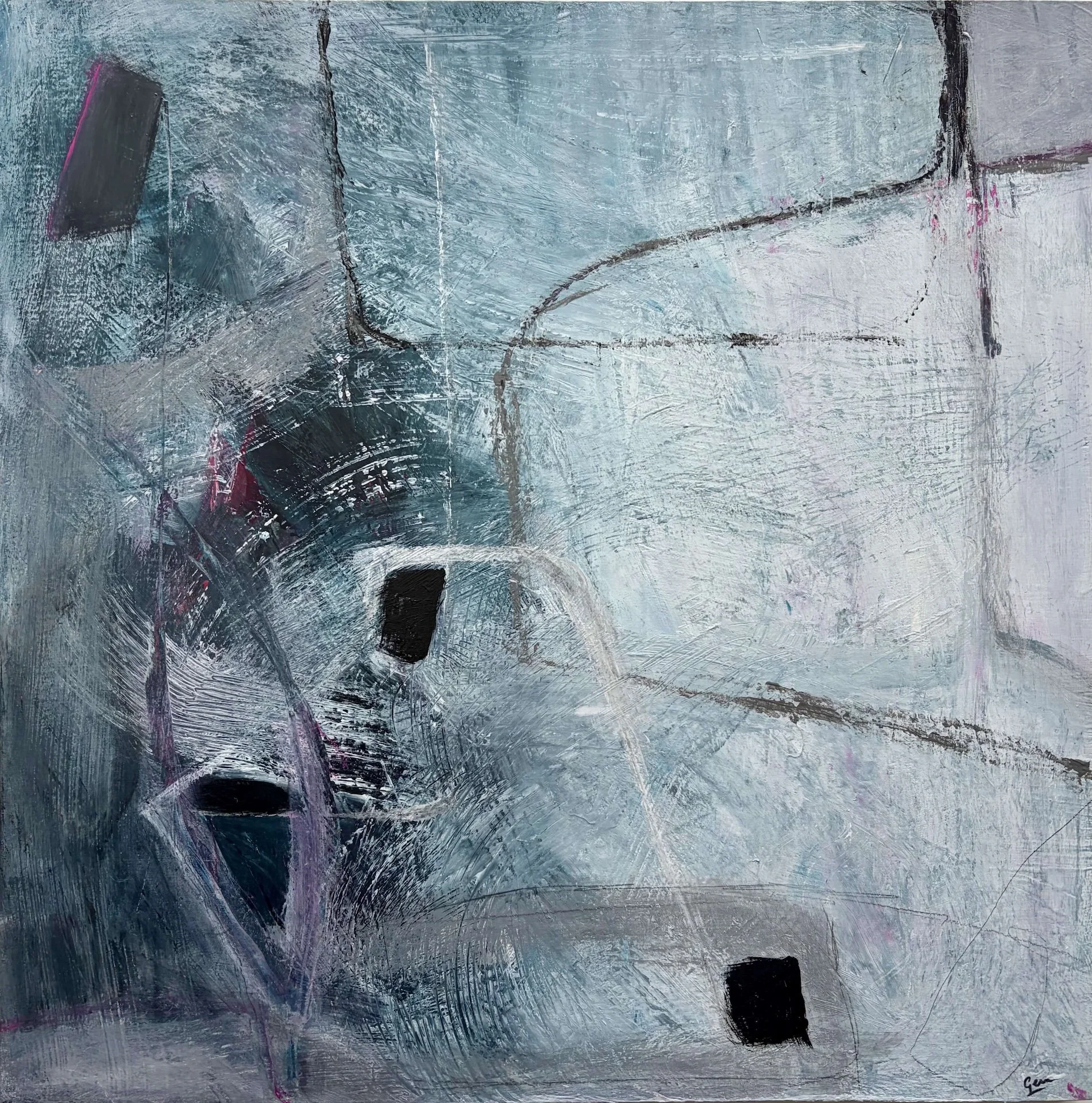 Monochrome Breach by Gera Dunachie, mixed-media abstract on wood panel. Textured layers of grey and graphite with sharp black architectural breaches.