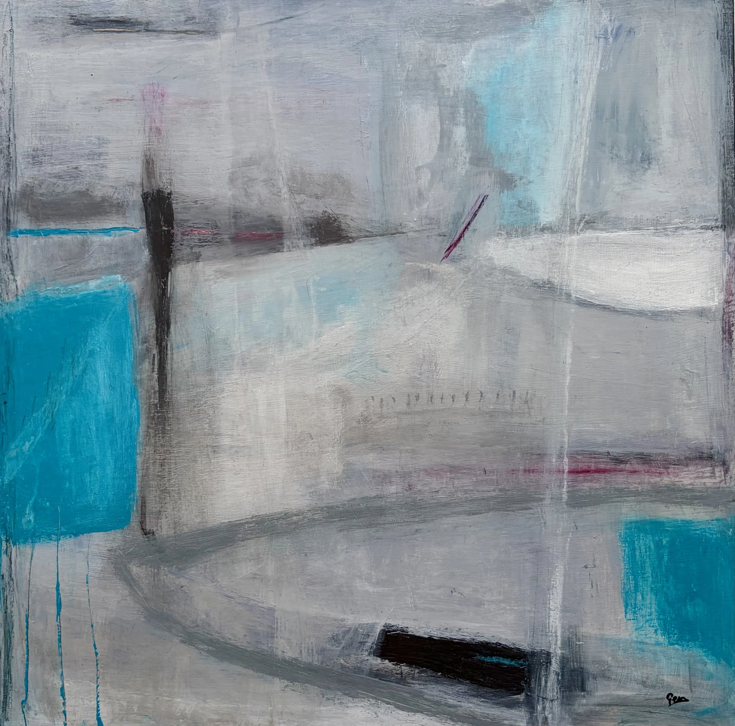 A square abstract painting on wood panel by Gera Dunachie featuring a muted, atmospheric background of layered greys and whites. The composition is anchored by two bold, rectangular blocks of vibrant cerulean blue on the left and bottom right.
