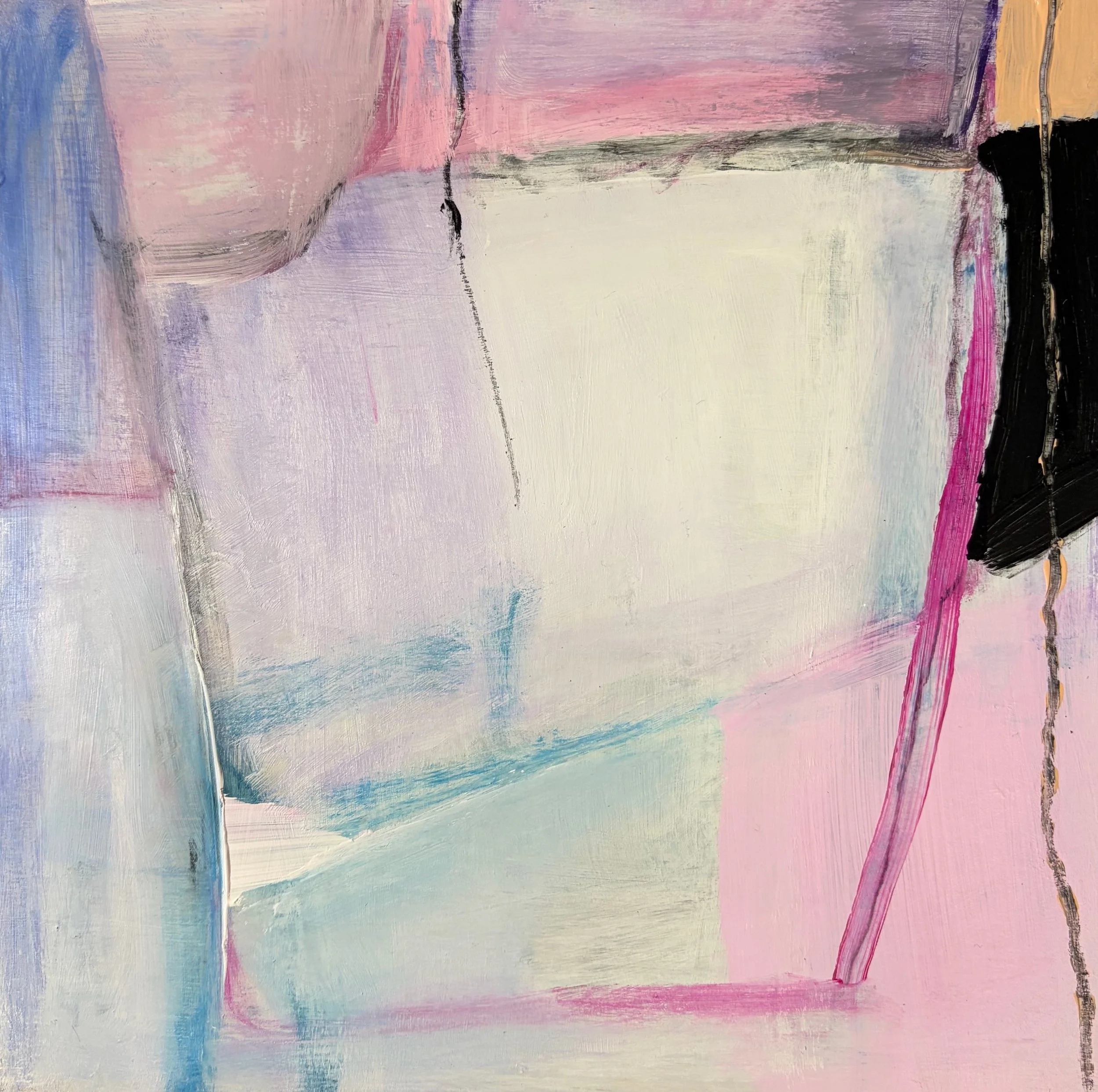 Moderated Field by Gera Dunachie – small abstract painting in soft pinks, lilac and pale blue with gentle tension