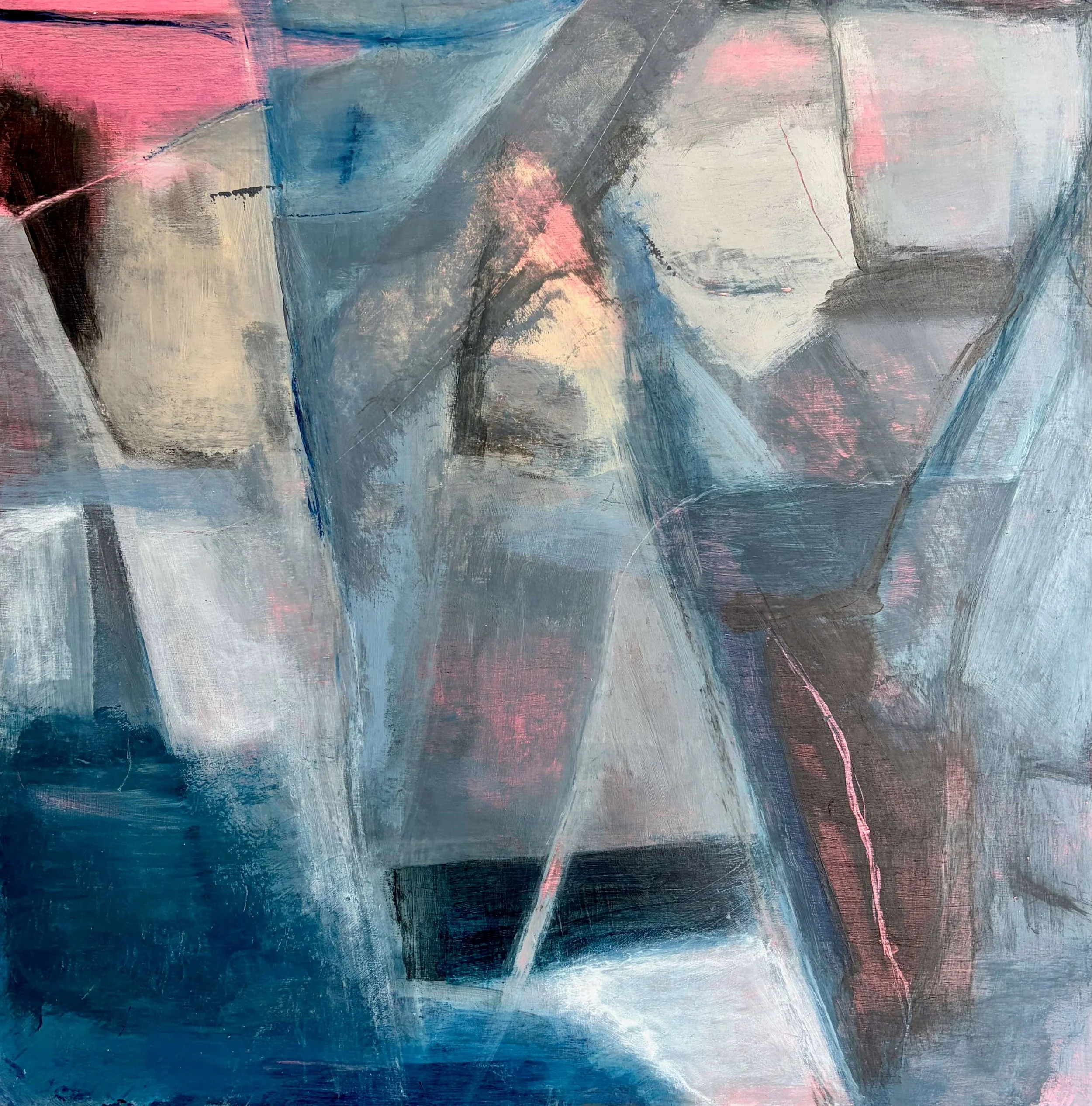 Original abstract work by Gera Dunachie. A textured, emotive exploration of color and form on wood, blending deep blues with sharp pink highlights. Perfect for collectors of modern, non-conceptual abstract art.