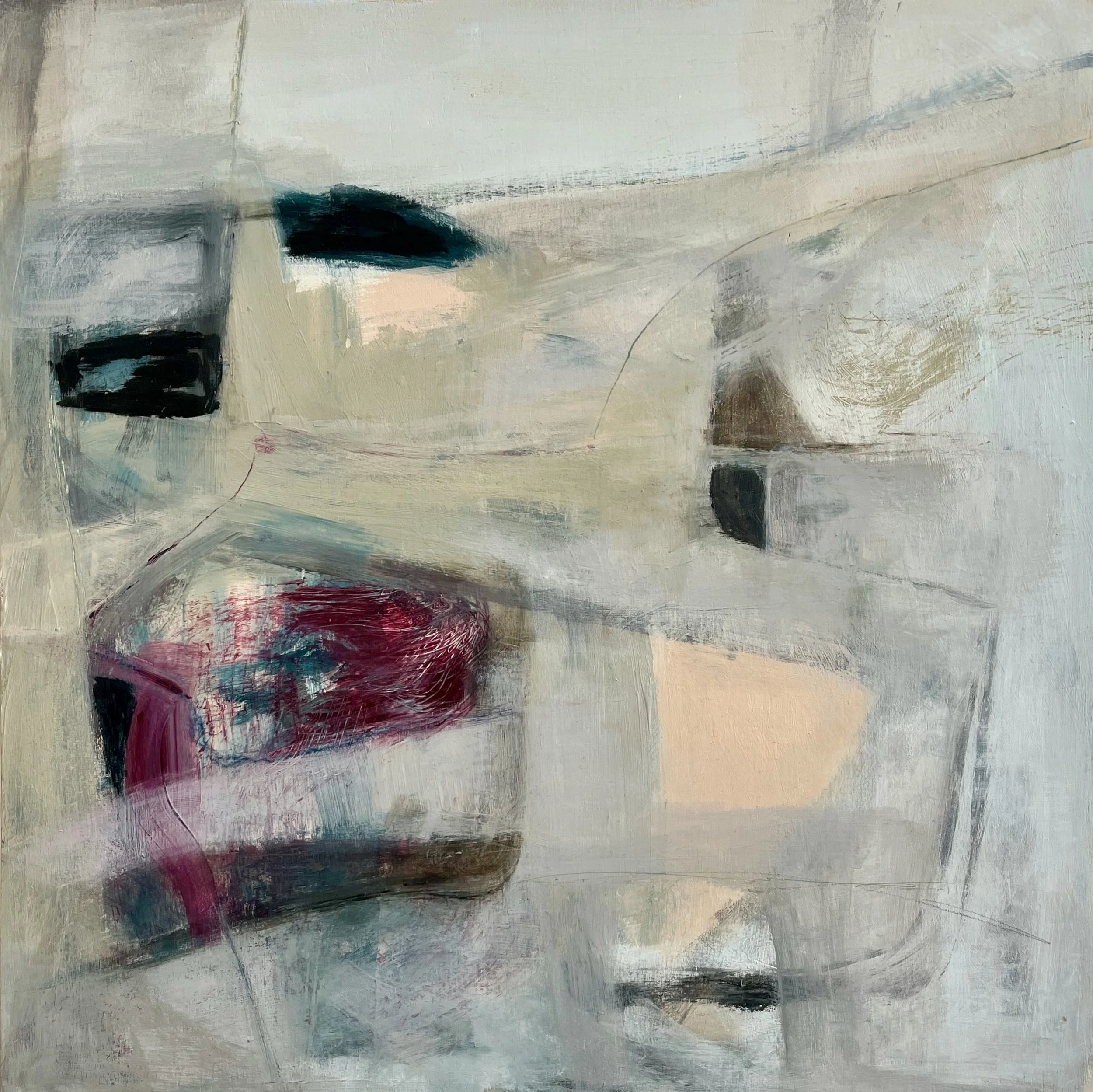 Breach of Trust by Gera Dunachie, a textured abstract painting on wood panel. Muted tones and architectural lines depicting the aftermath of movement.