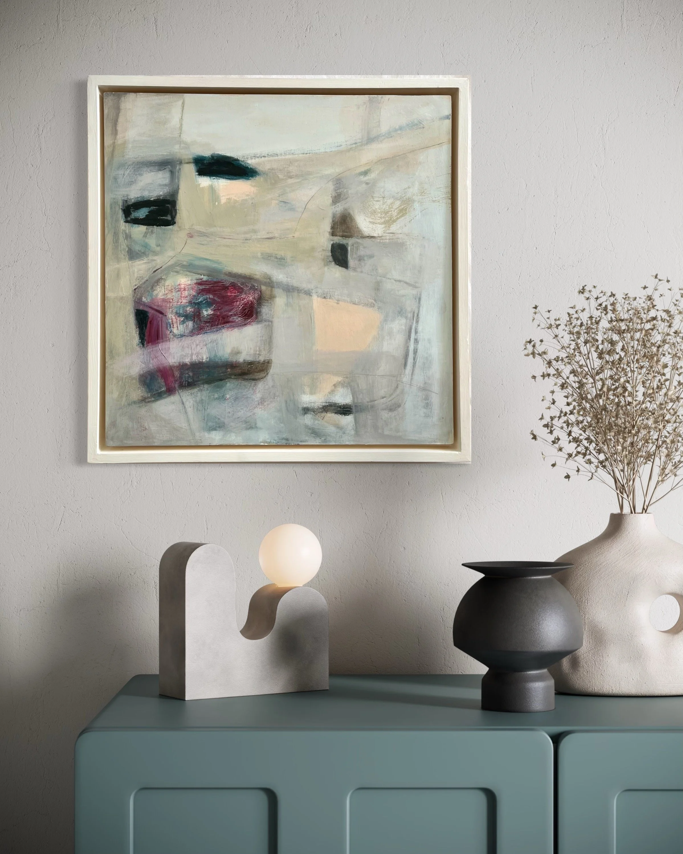 Breach of Trust abstract artwork by Gera Dunachie displayed in situ, showcasing the depth of the 40x40cm wood panel and floating frame.