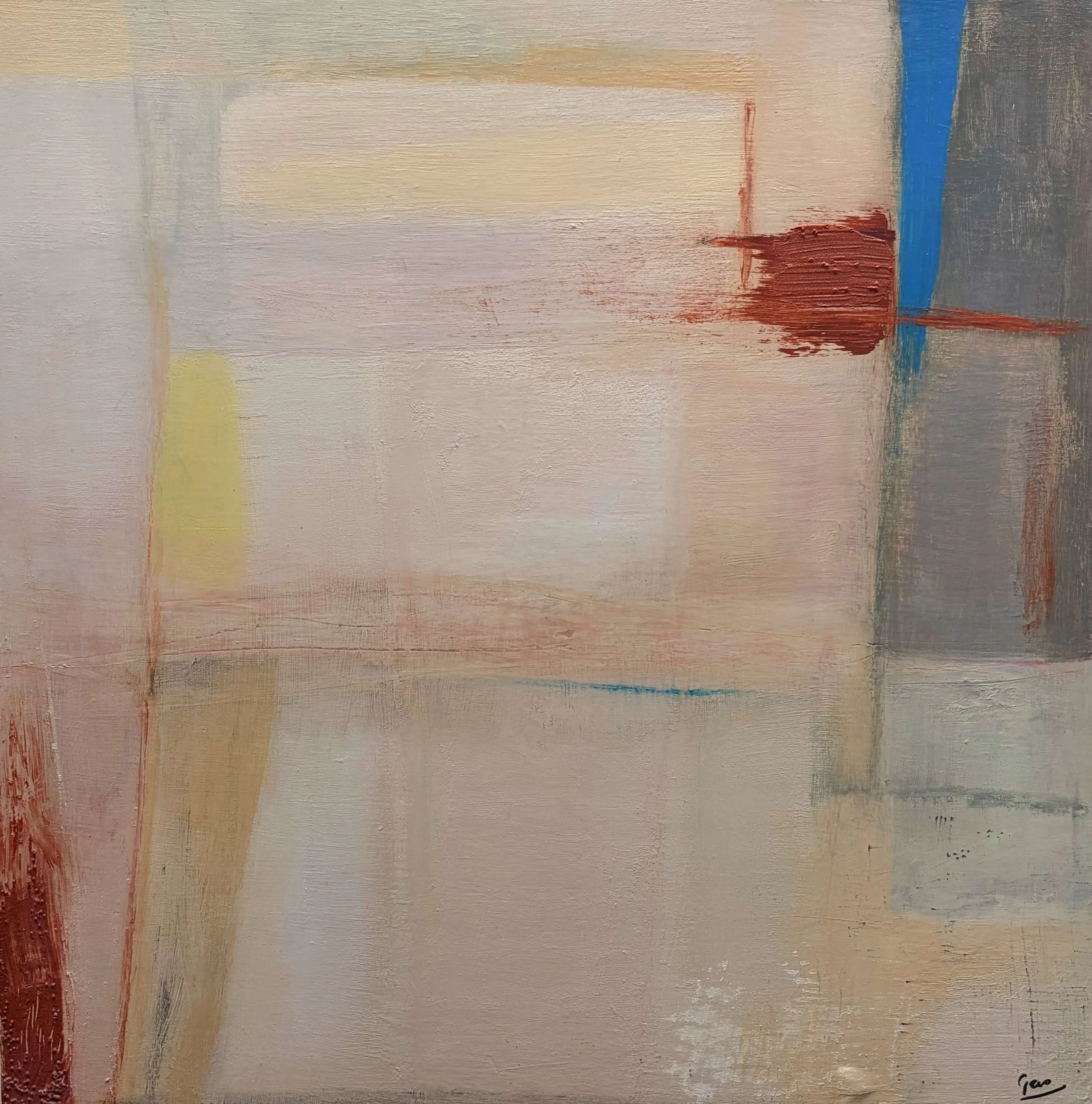 Abstract work using elements of mixed media in pale brown, oranges and yellow with a burst of bright blue as accent