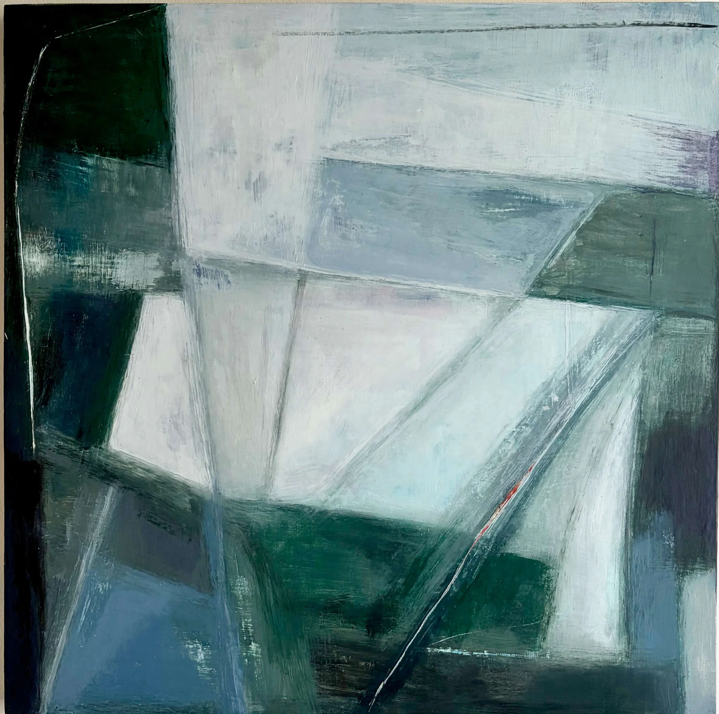 geometric painting of light grey, blue and dark green shapes