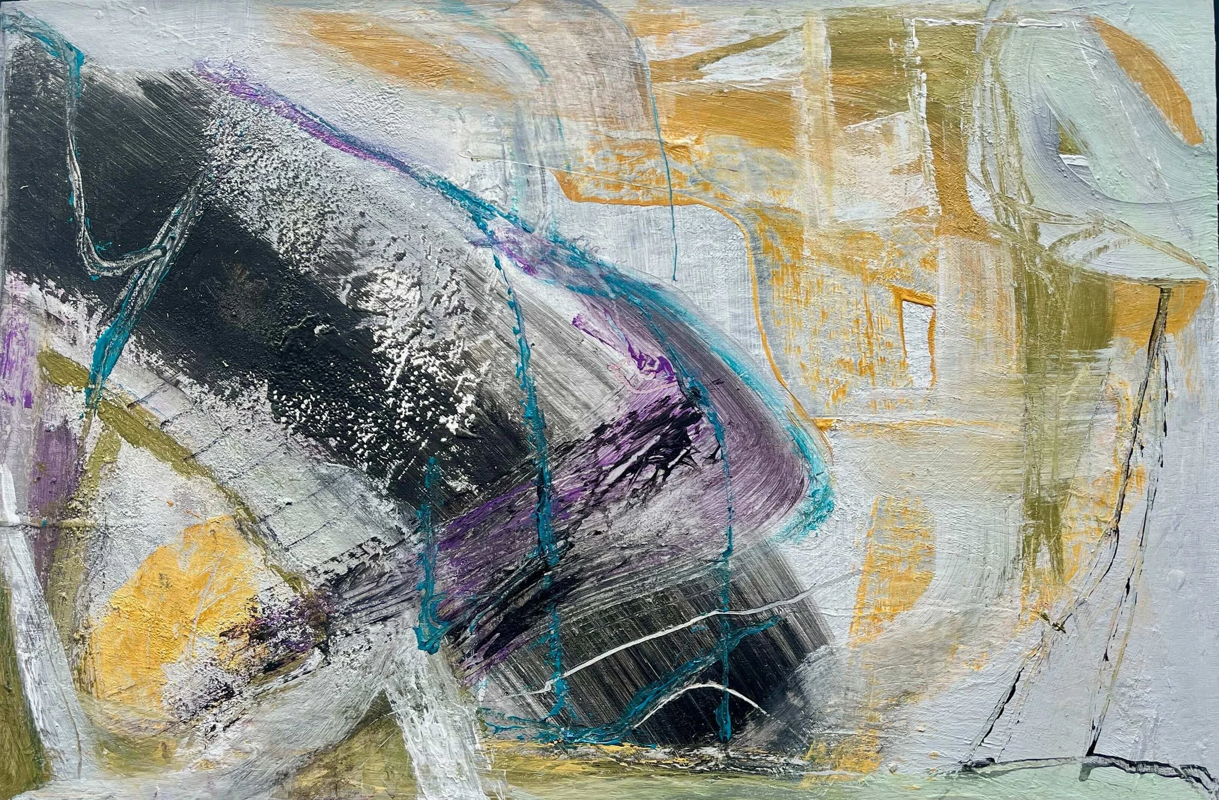 Snag by Gera Dunachie, contemporary mixed-media abstract painting in pale grey with sweeping black forms, turquoise, violet and ochre accents and a textured surface with glass beads.