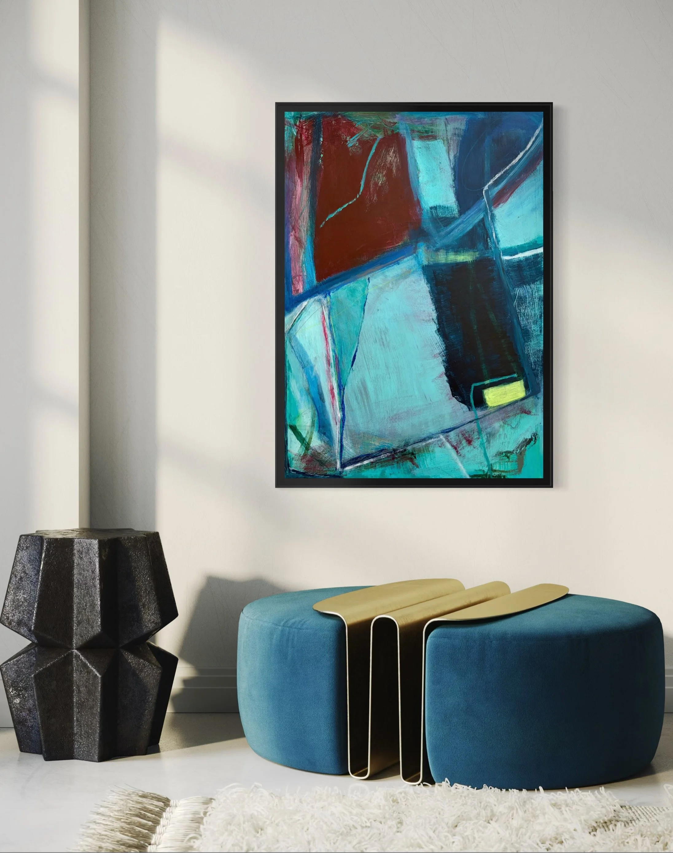 Kinetic Pull by Gera Dunachie displayed in a contemporary interior, framed on a light wall above modern blue seating.