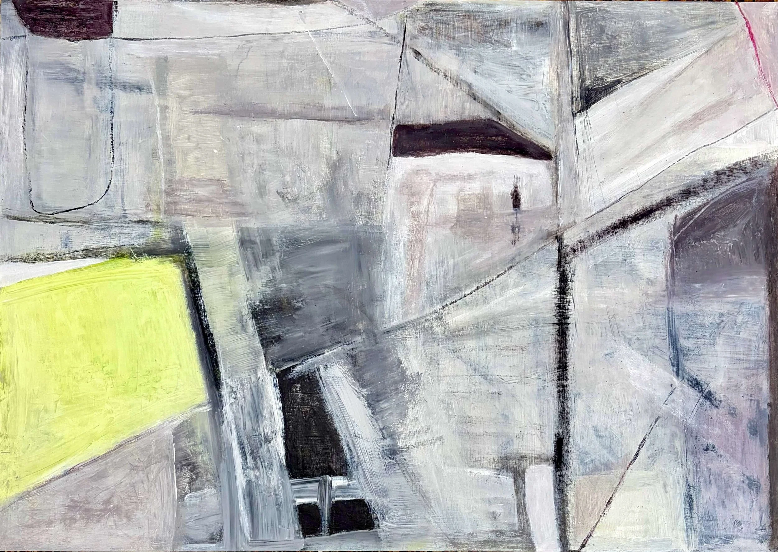 Tidal Zone by Gera Dunachie, large contemporary abstract painting in white, cool grey and black with strong geometric lines and a contained acid yellow-green field.