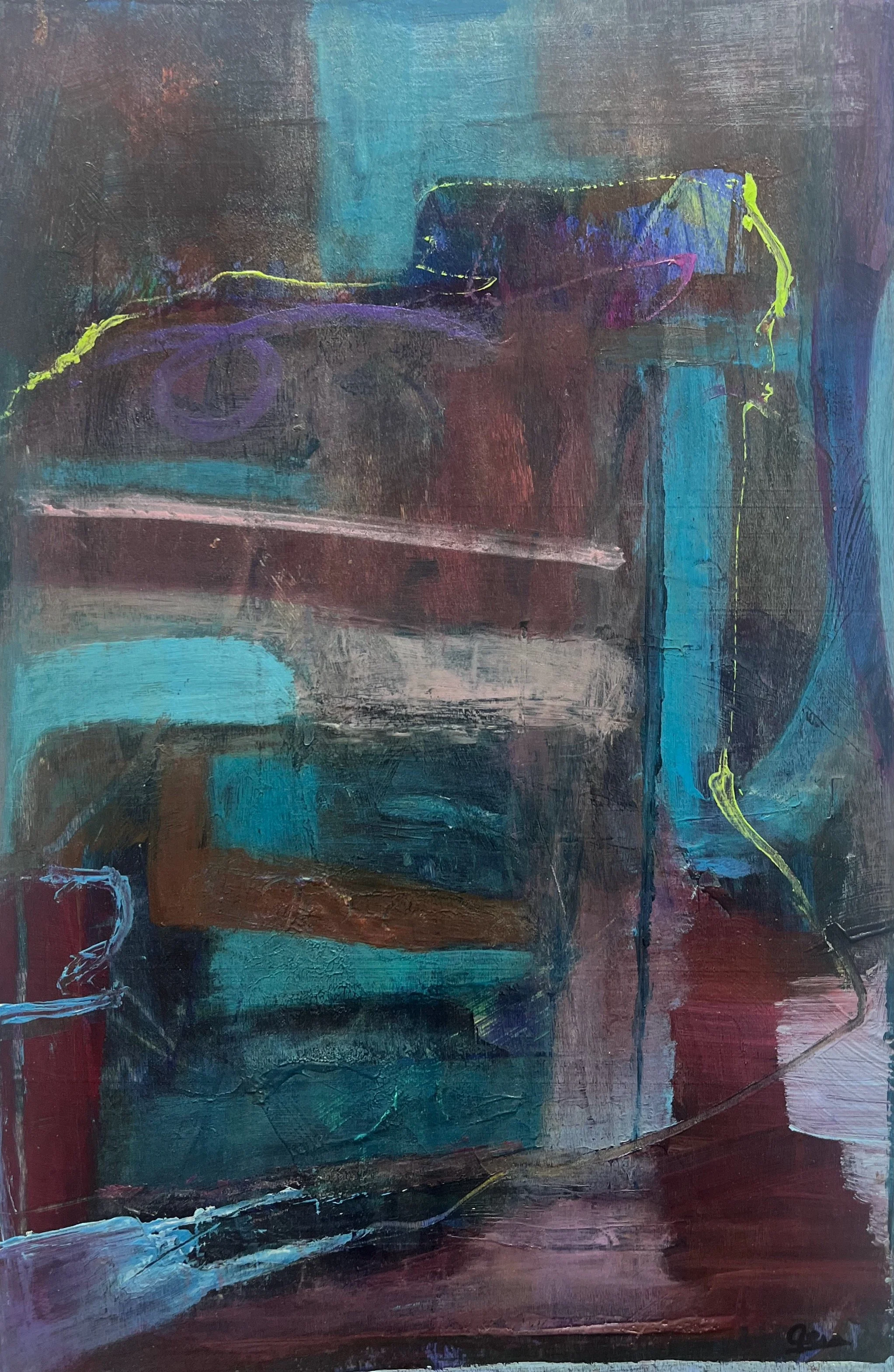 Baroque by Gera Dunachie, small abstract painting on wood panel. Features rich textures of acrylic and ink with a controlled, layered composition.