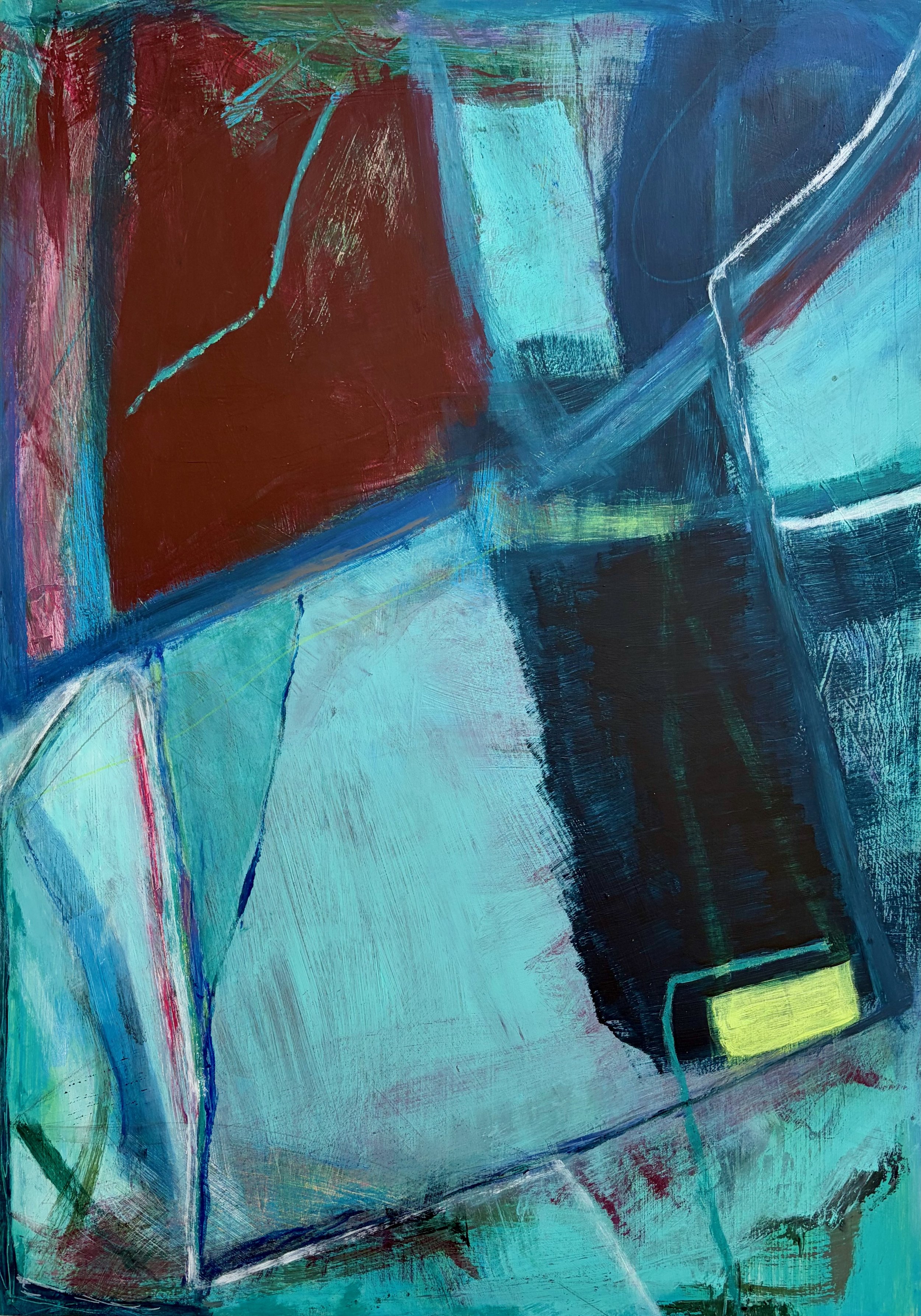 Kinetic Pull by Gera Dunachie – dynamic abstract painting with saturated teal, deep red and black forms and angular movement