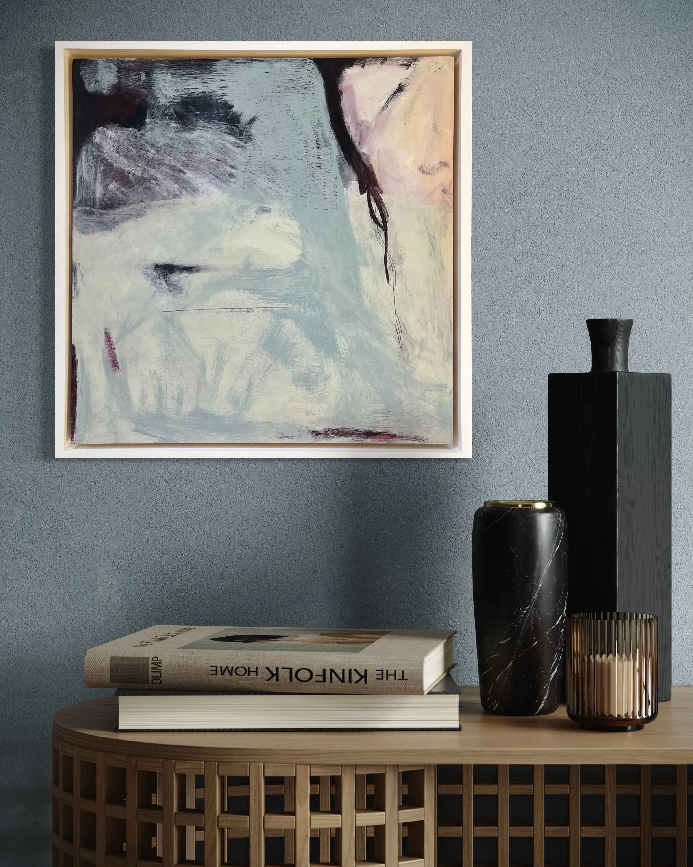 Quiet Wrongness by Gera Dunachie shown in situ, a 40x40cm abstract painting in a floating frame, perfect for minimalist contemporary interiors.