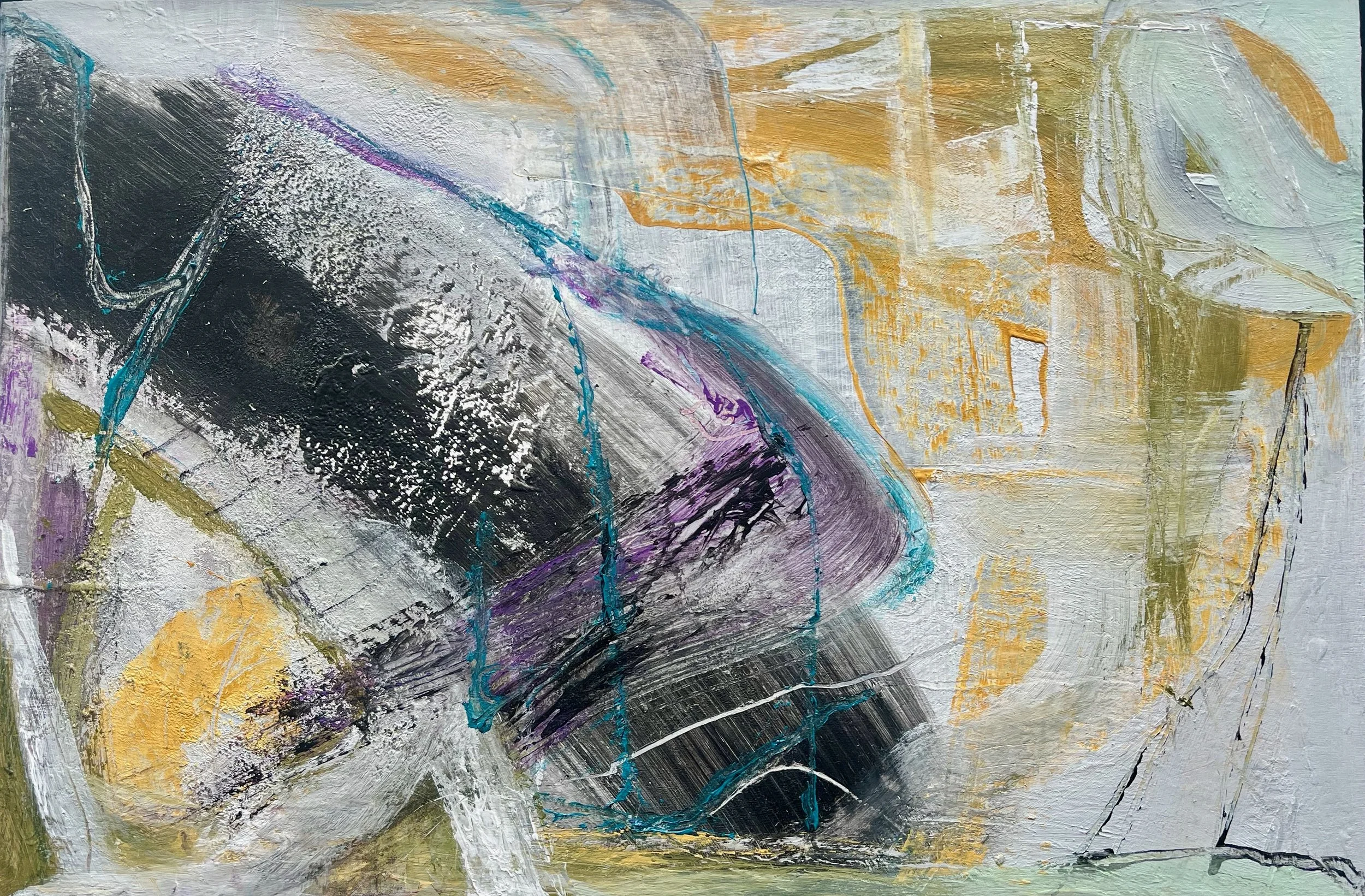 Snag abstract mixed-media painting by Gera Dunachie — textured composition contrasting black and purple with warm ochre and yellow tones.