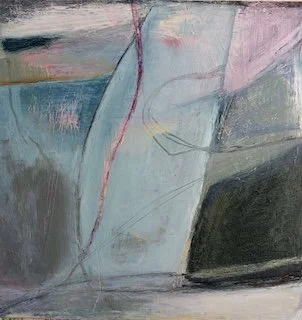 Out of True by Gera Dunachie, contemporary abstract painting in cool muted grey, blue and pink with misaligned planes, dark linear marks and a visibly scraped layered surface.