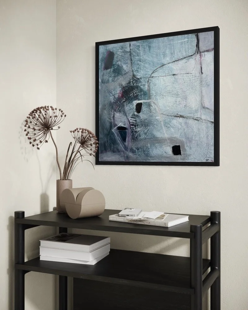 Gera Dunachie Monochrome Breach displayed in a minimalist and modern home office, showcasing the 40x40cm floating black frame.